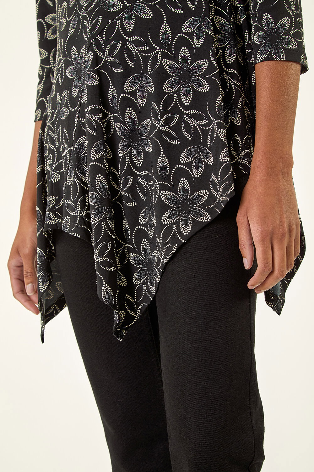 Black Floral Print Asymmetric Tunic Top, Image 6 of 5