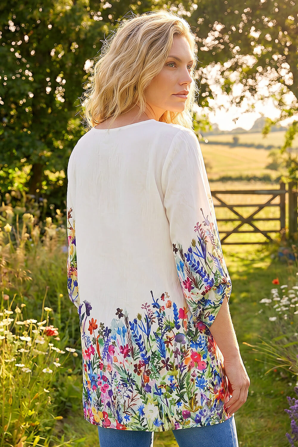 Ivory  Floral Border Print Tunic Top, Image 4 of 4