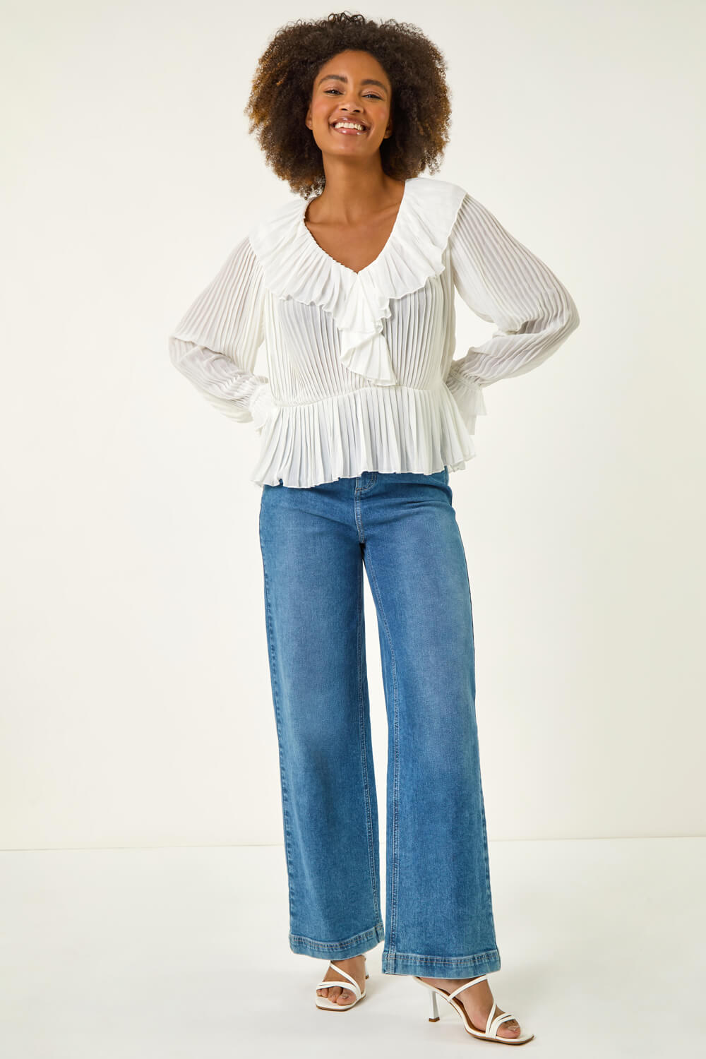 Ivory Frill Pleated Peplum Blouse, Image 3 of 5