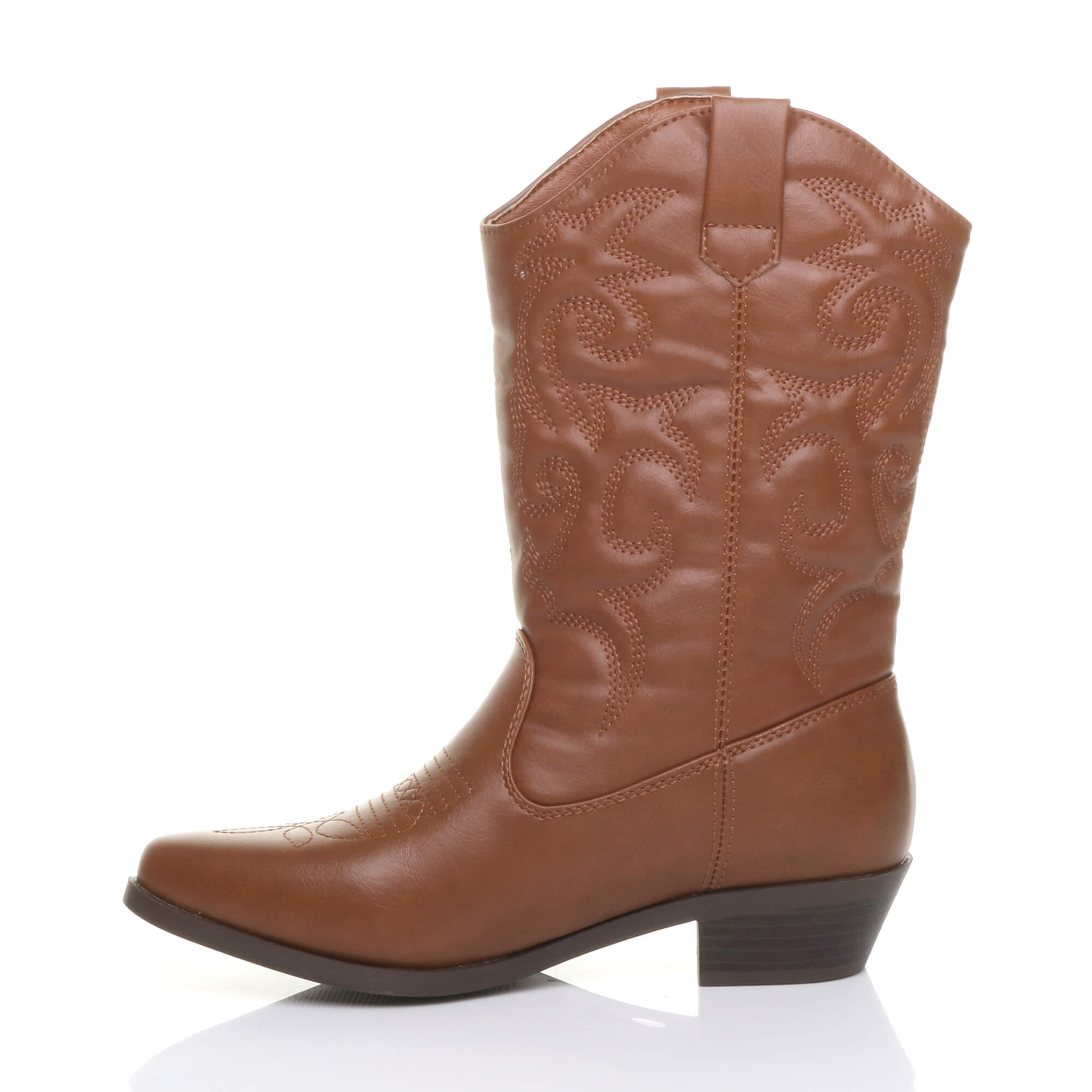 Tan Low Cuban Heel Embroidered Cowboy Western Boots, Image 3 of 6