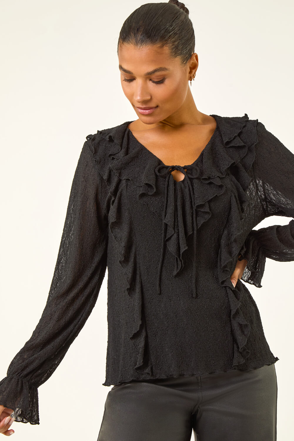 Black Lace Ruffle Front Top, Image 6 of 6