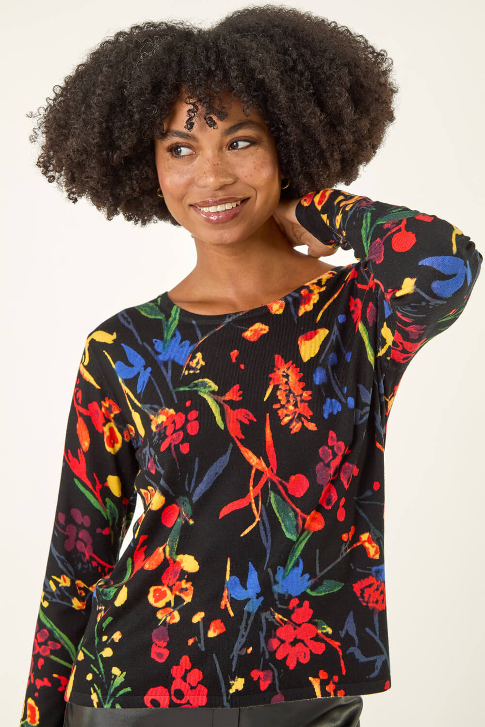 Black Floral Print Soft Knit Jumper, Image 1 of 5
