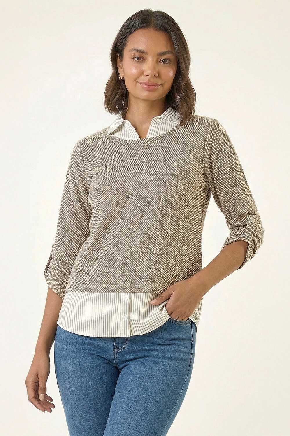 Beige 2 in 1 Mock Shirt Textured Knit Jumper, Image 4 of 6