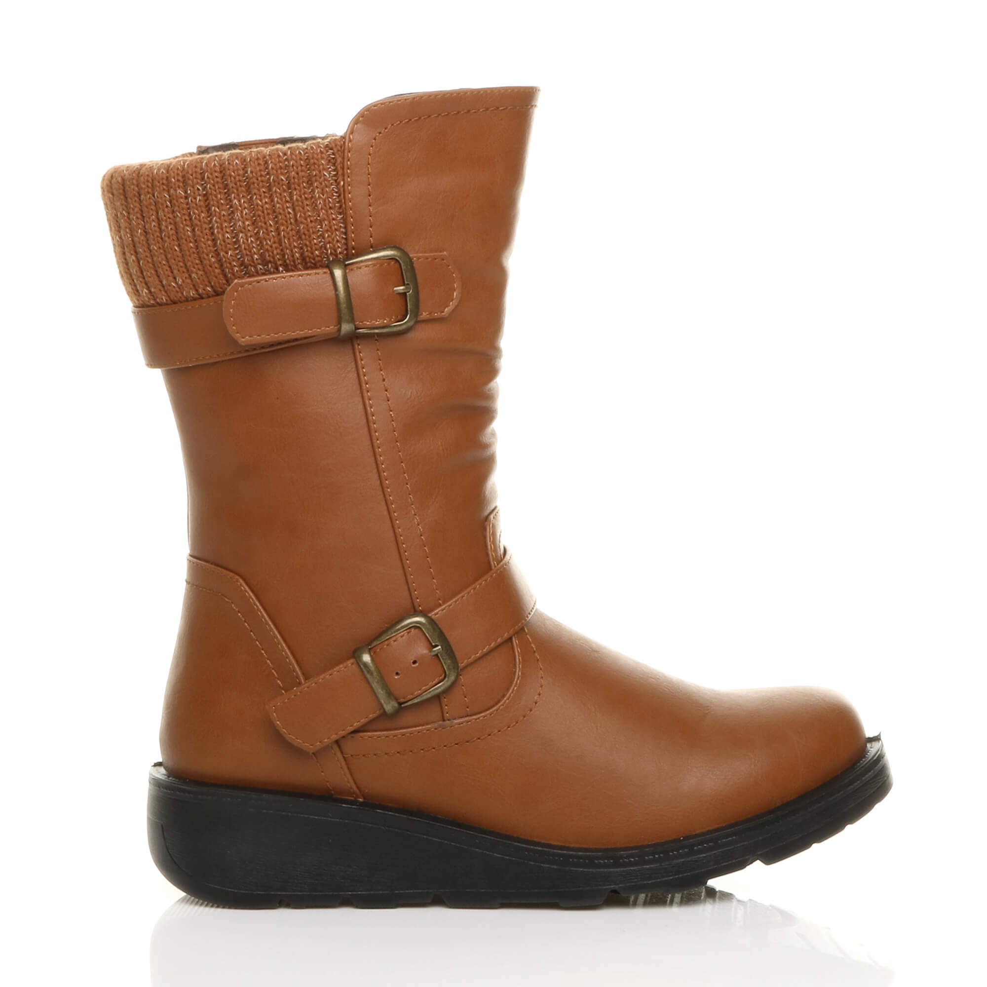 Tan Low Wedge Heel Comfort Calf Biker Boots, Image 2 of 6