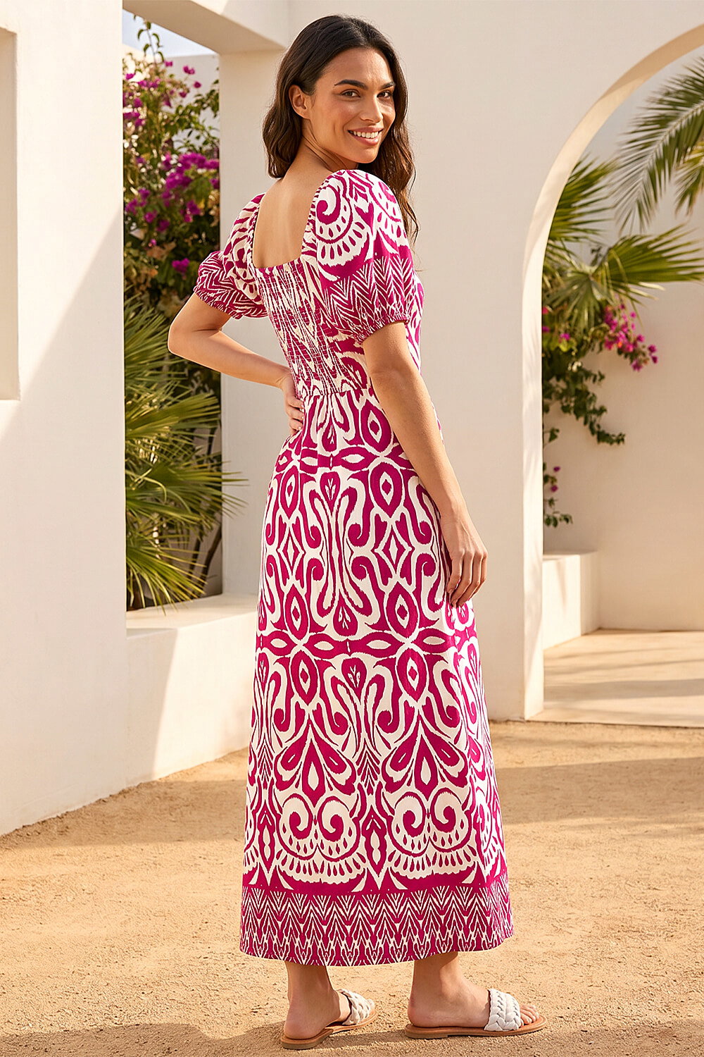 Fuchsia Abstract Print Sweetheart Neck Midi Dress, Image 3 of 3