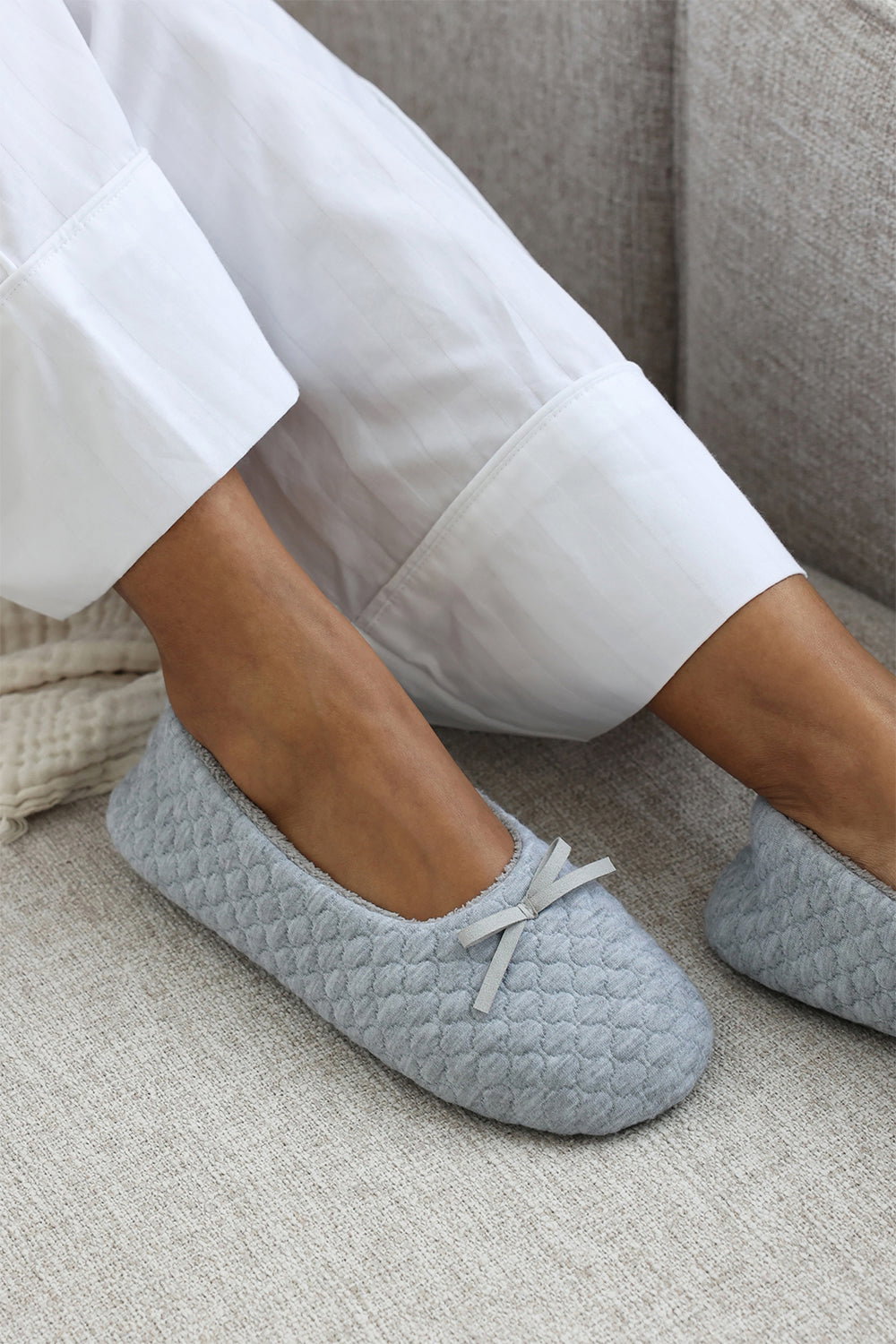 Light Grey Inez Ballet Quilted Slippers with Fur Lining, Image 5 of 5