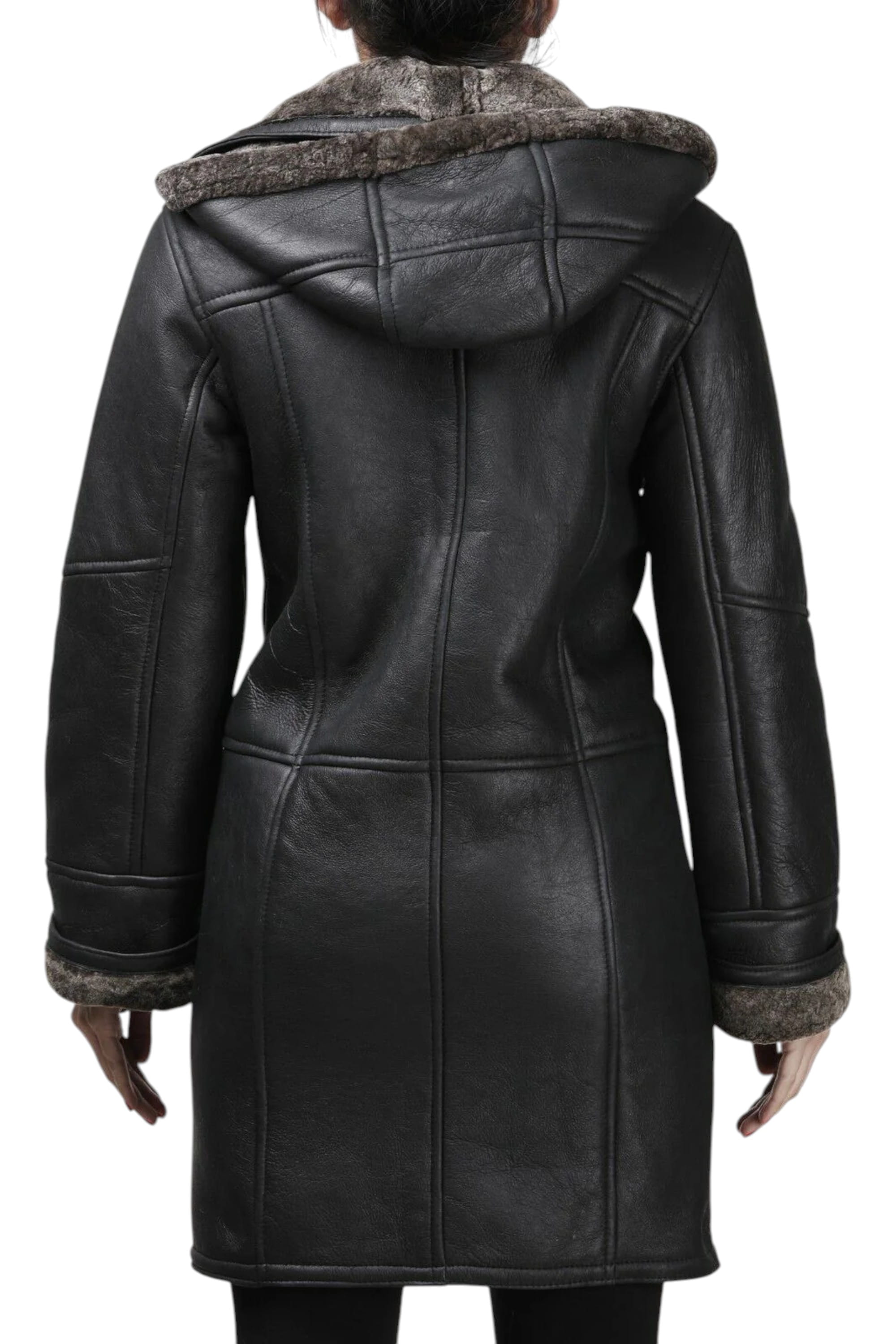 Black Womens Shearling Hooded Duffle Coat-Lile, Image 5 of 6