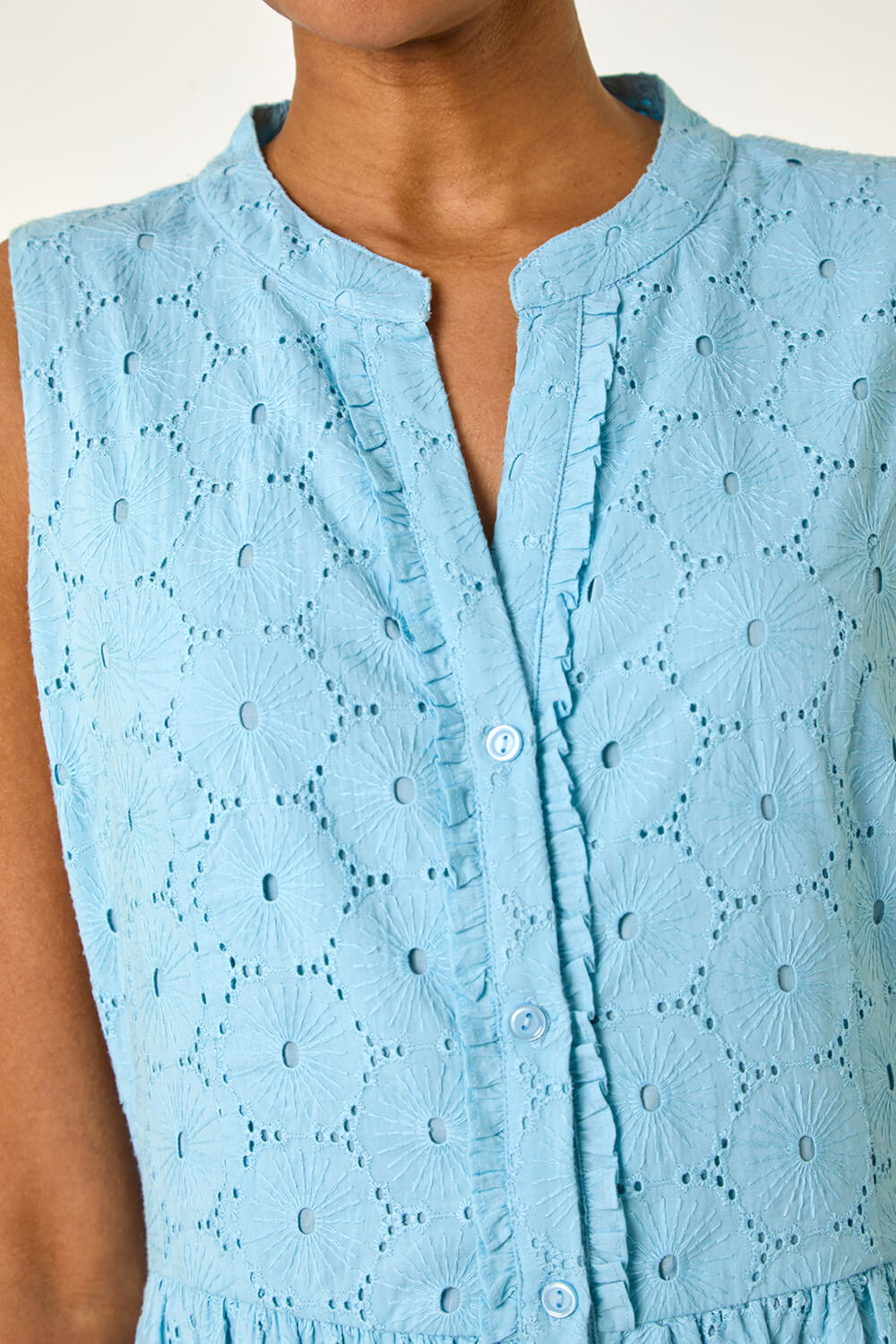 Light Blue Cotton Broderie V-Neck Midi Dress, Image 6 of 5