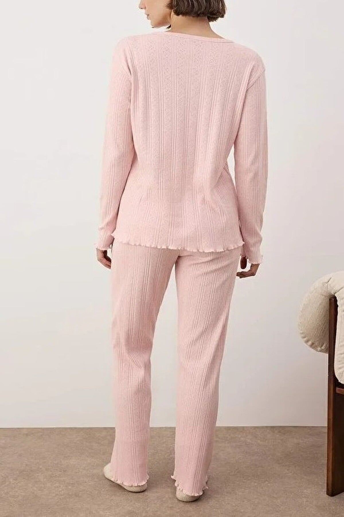 Pink Button Through Pointelle Ribbed Long Sleeve Knit Pyjama Set, Image 2 of 3