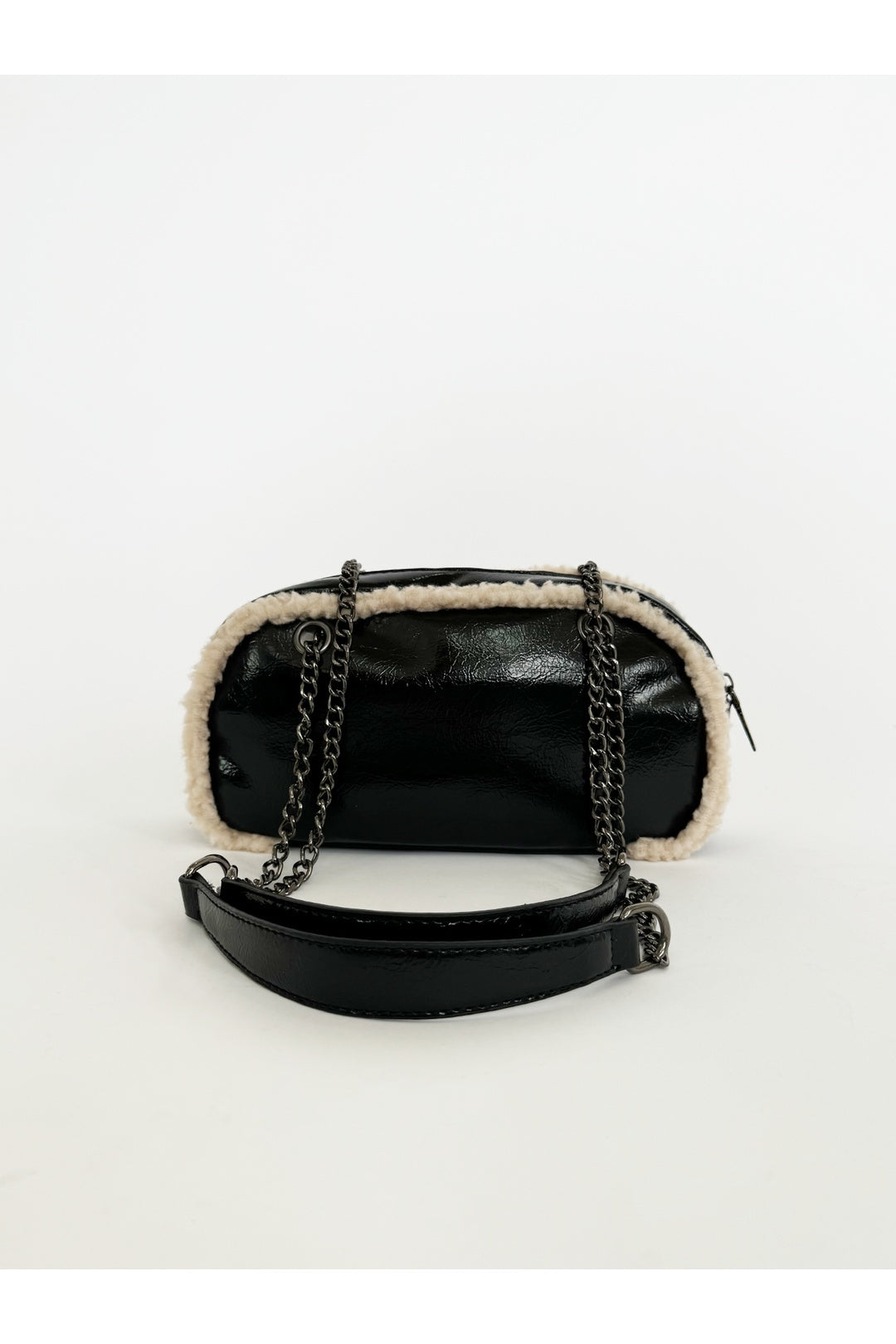 Black Patent Shoulder Bag with Borg Fur Trim, Image 2 of 6