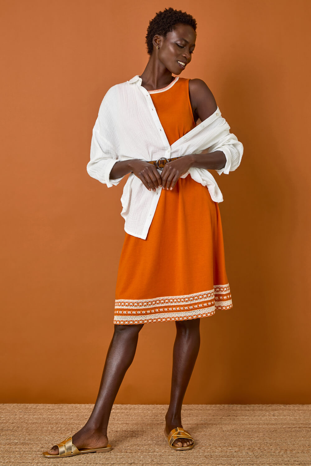 Dark Orange Embroidered Trim Stretch Dress, Image 7 of 7