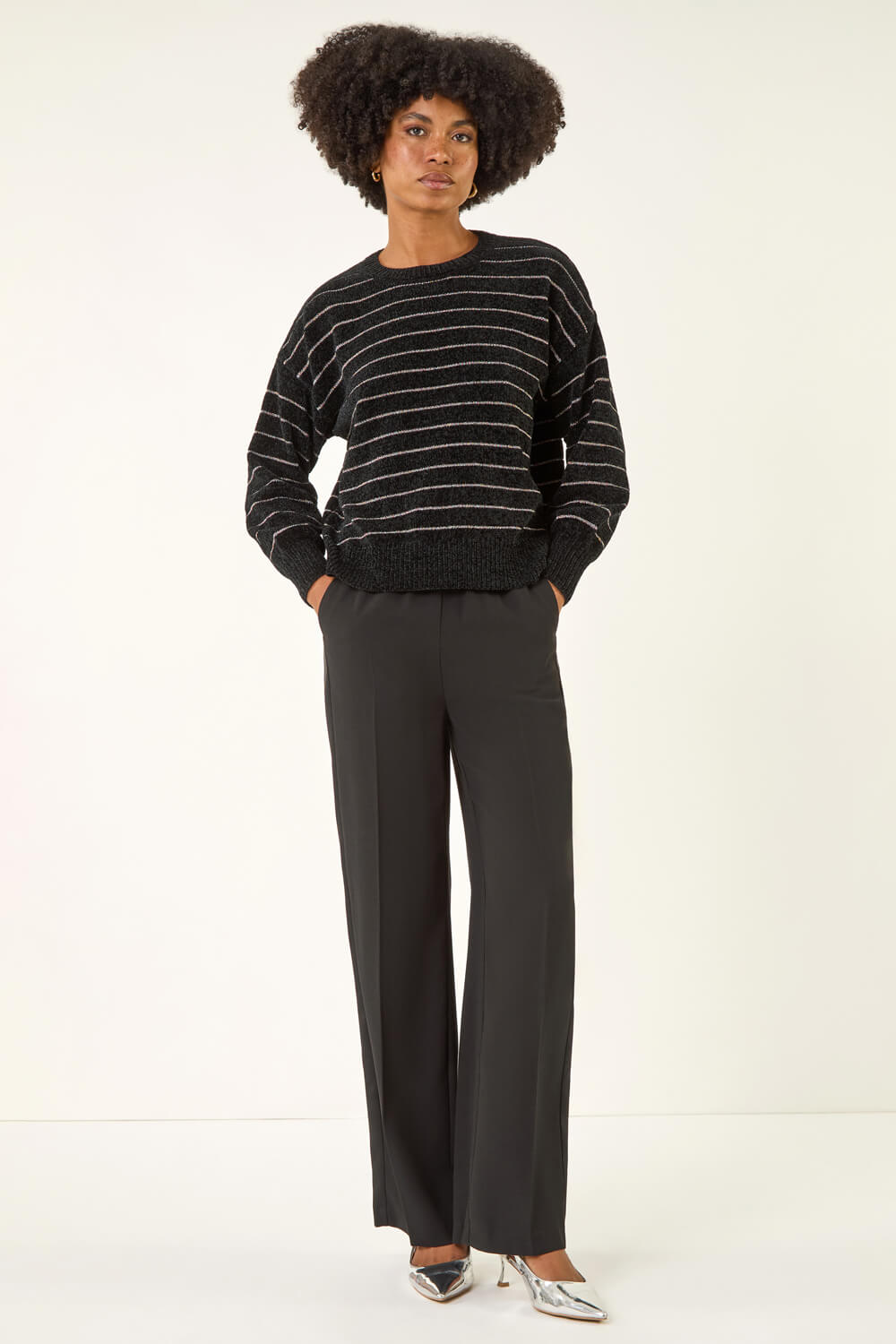 Black Fluffy Stripe Knit Jumper, Image 4 of 5