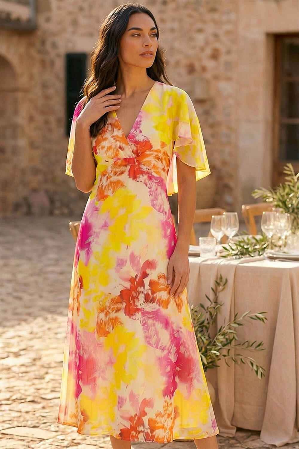 Pink Abstract Printed Cape Dress, Image 4 of 3
