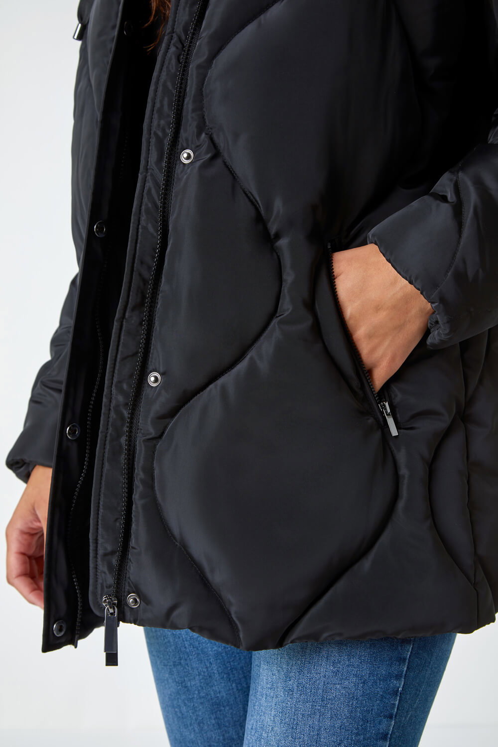 Black Quilted Faux Fur Hooded Coat, Image 6 of 5
