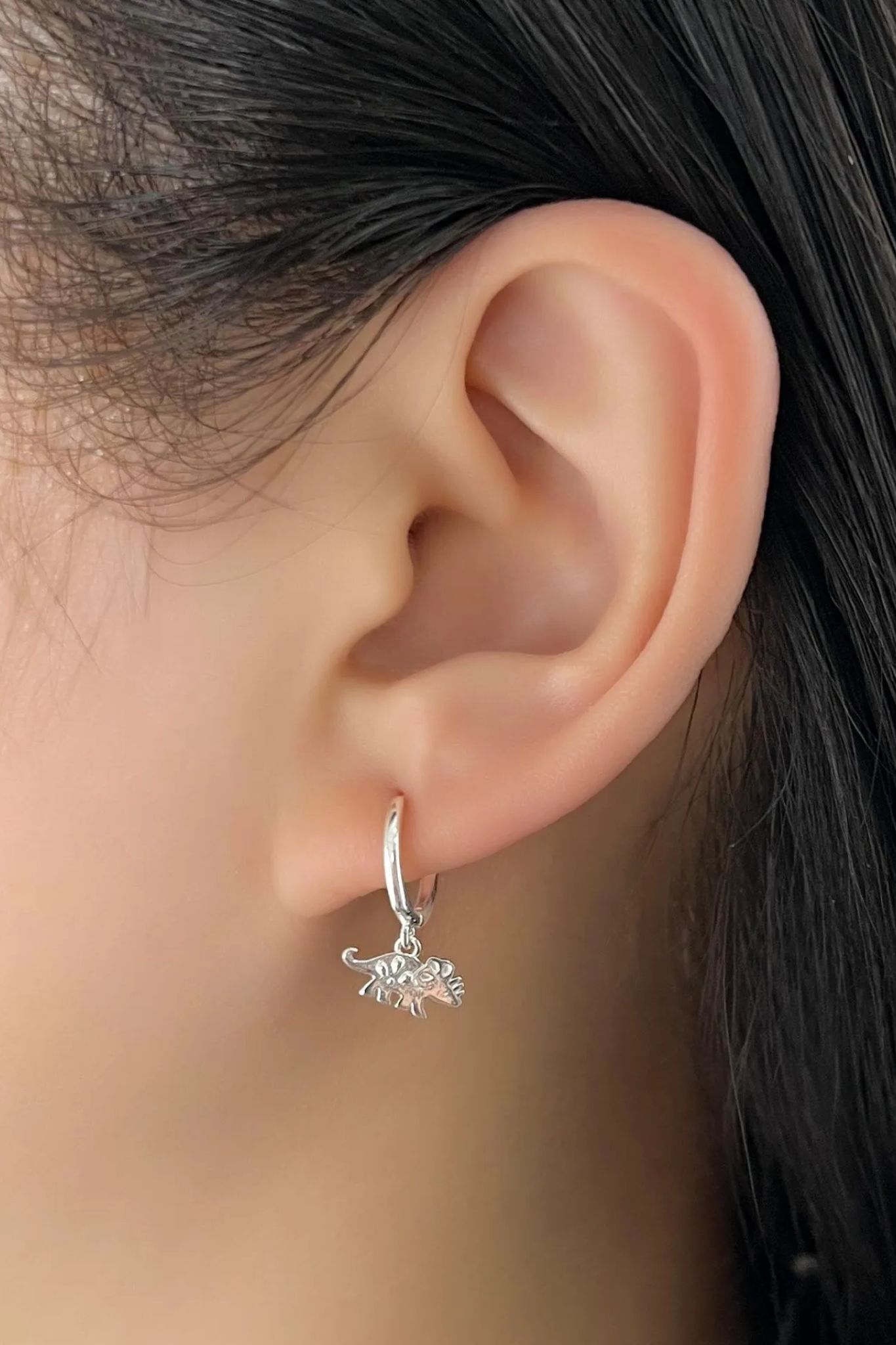 Silver Sterling Silver Triceratops Hoops, Image 2 of 3