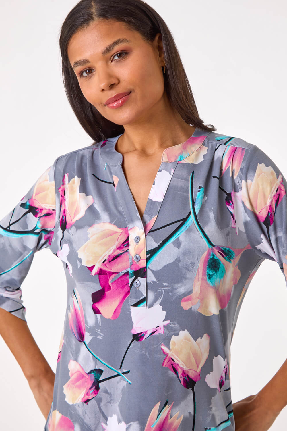 PINK Floral Print V-Neck Button Shirt, Image 5 of 5