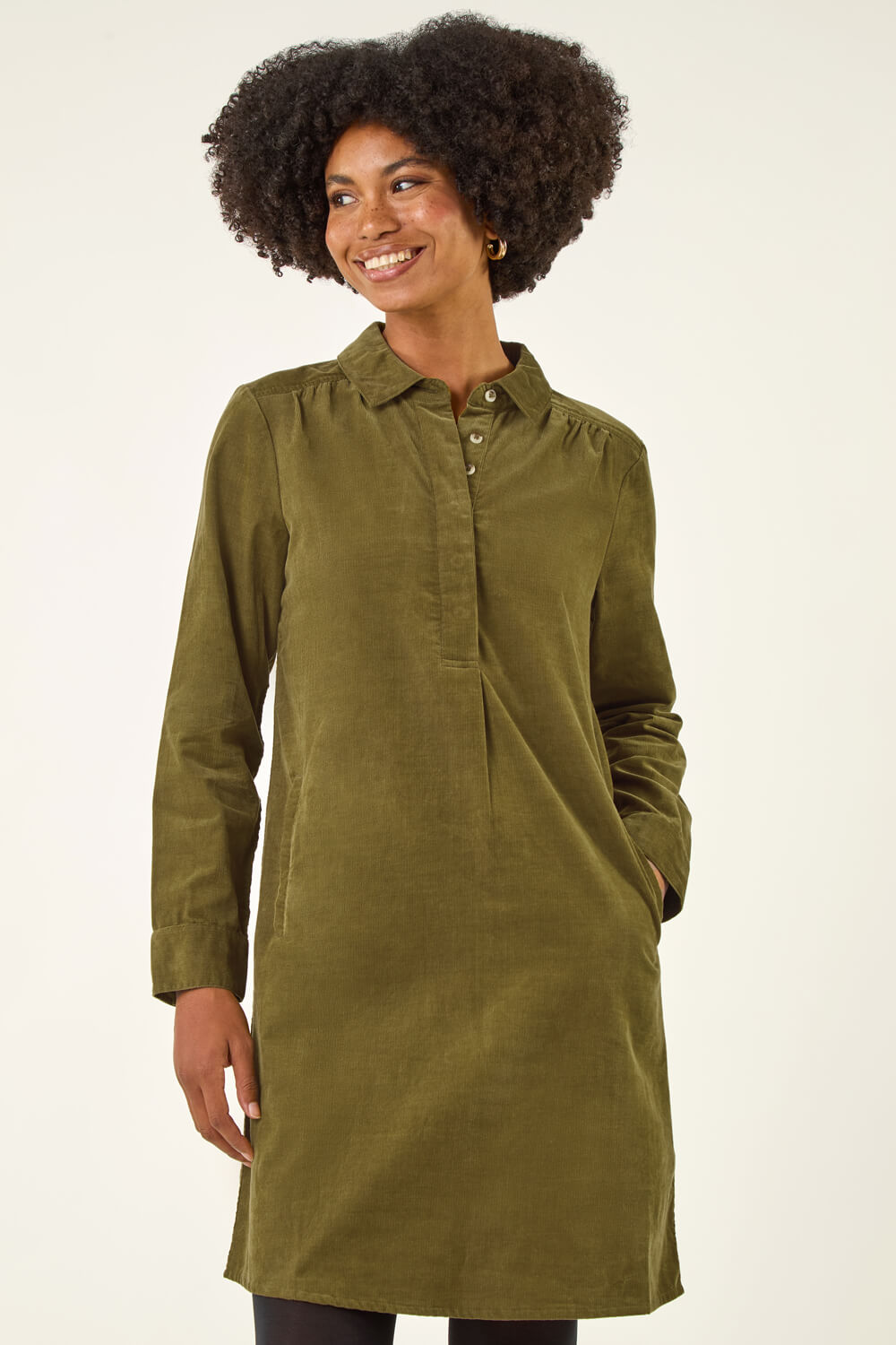 Olive Corduroy Tunic Shirt Dress | Roman UK