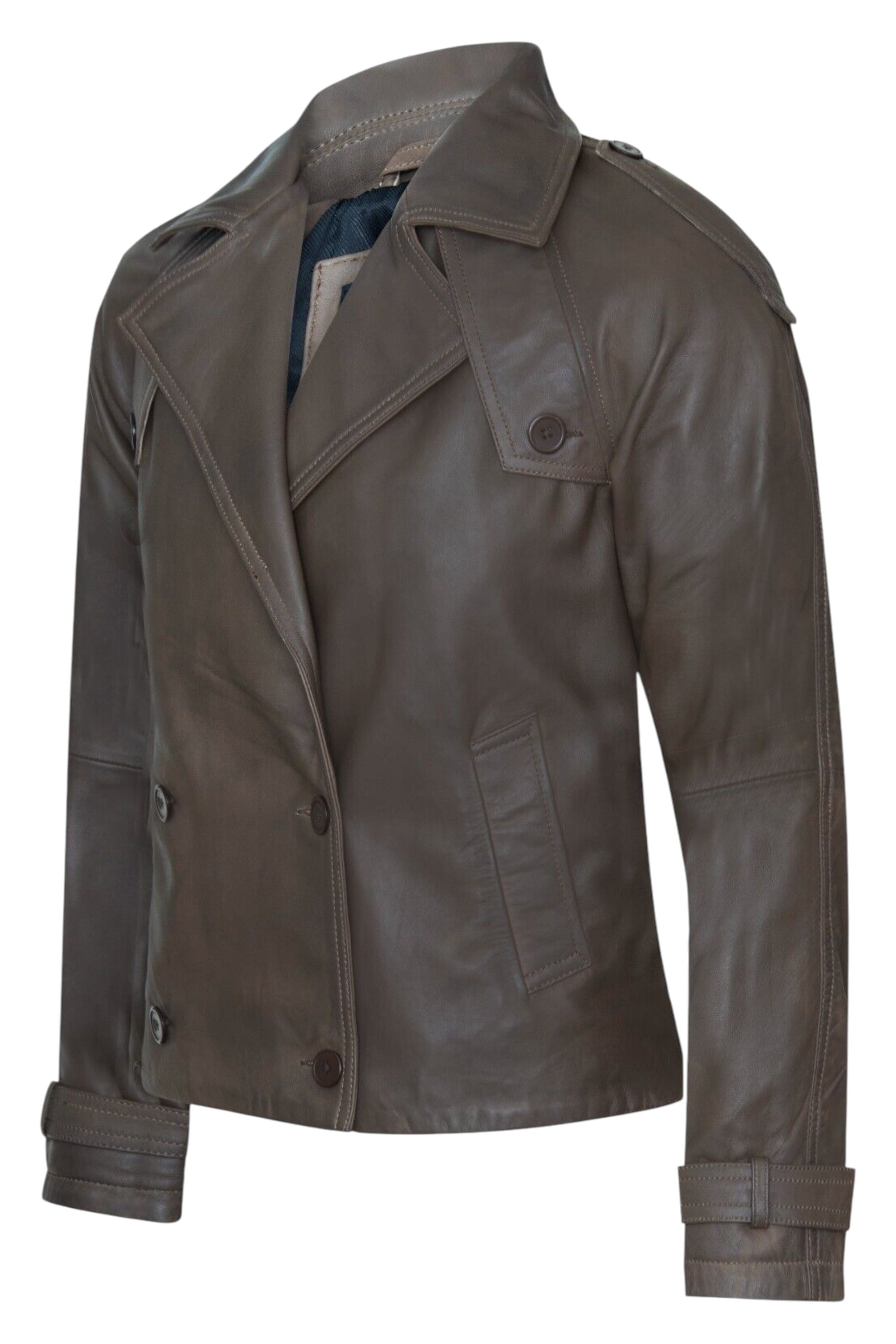 Brown Cropped Oversized Trench Leather Jacket, Image 2 of 4