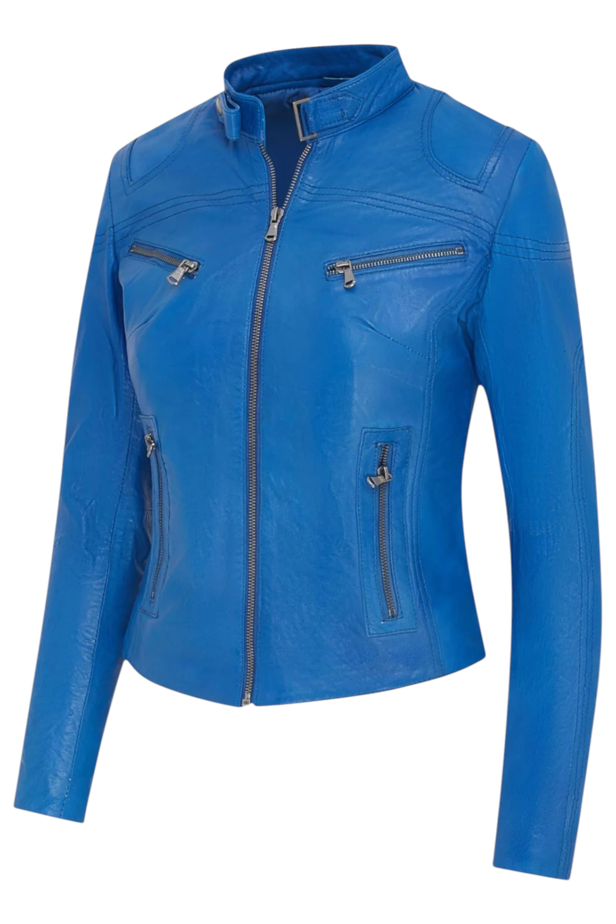 Blue Slim-Fit Leather Biker Jacket-Maldon, Image 2 of 5