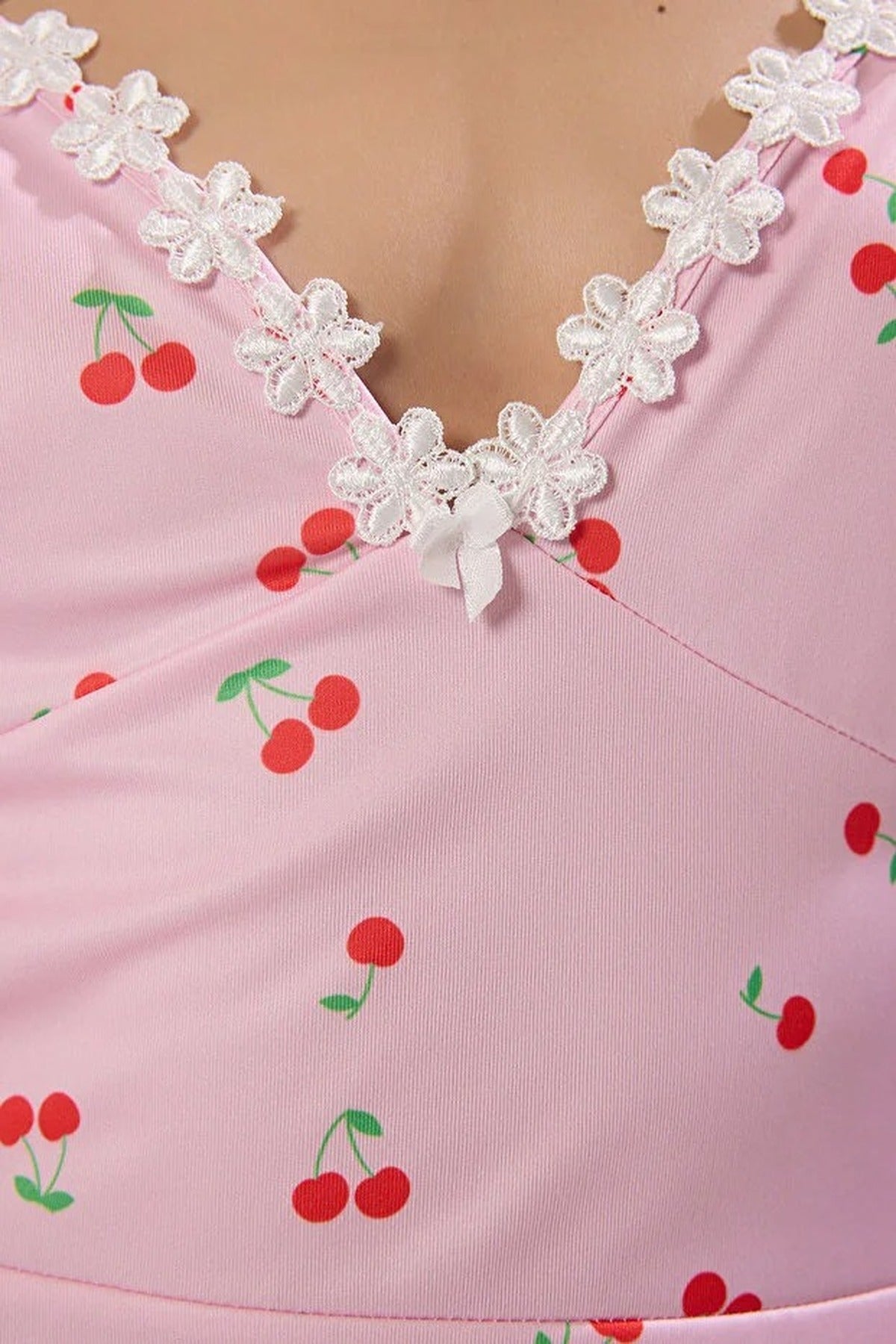 Multi WOVCOR Multi Cherry Print Lace Strap Nightdress with Ruffle Hem Detail, Image 2 of 3