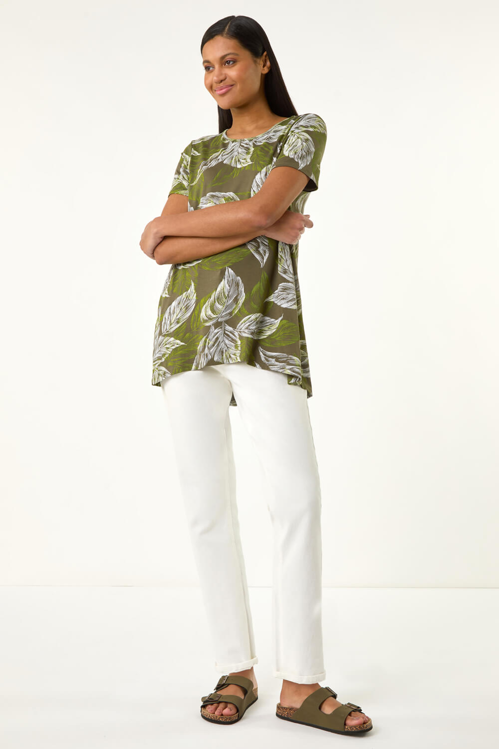 Green Leaf Print Stretch Top, Image 3 of 5