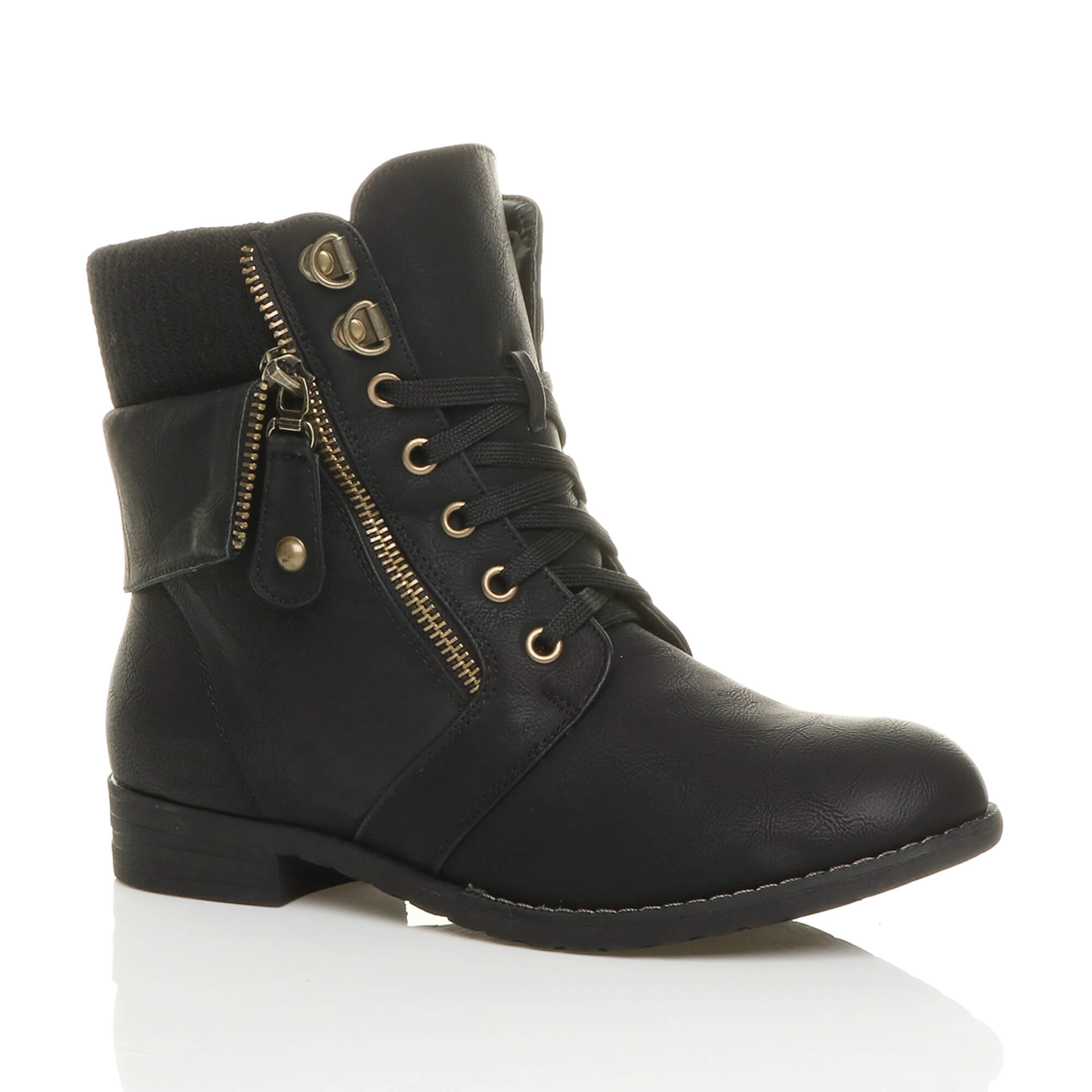 Black Lace Up Knitted Collar Biker Military Boots