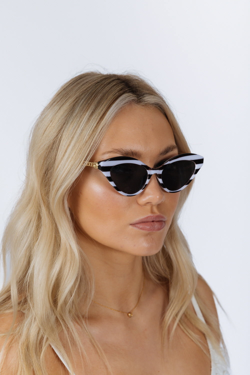 Brown Cat-Eye Sunglasses in Black White Stripe, Image 2 of 6