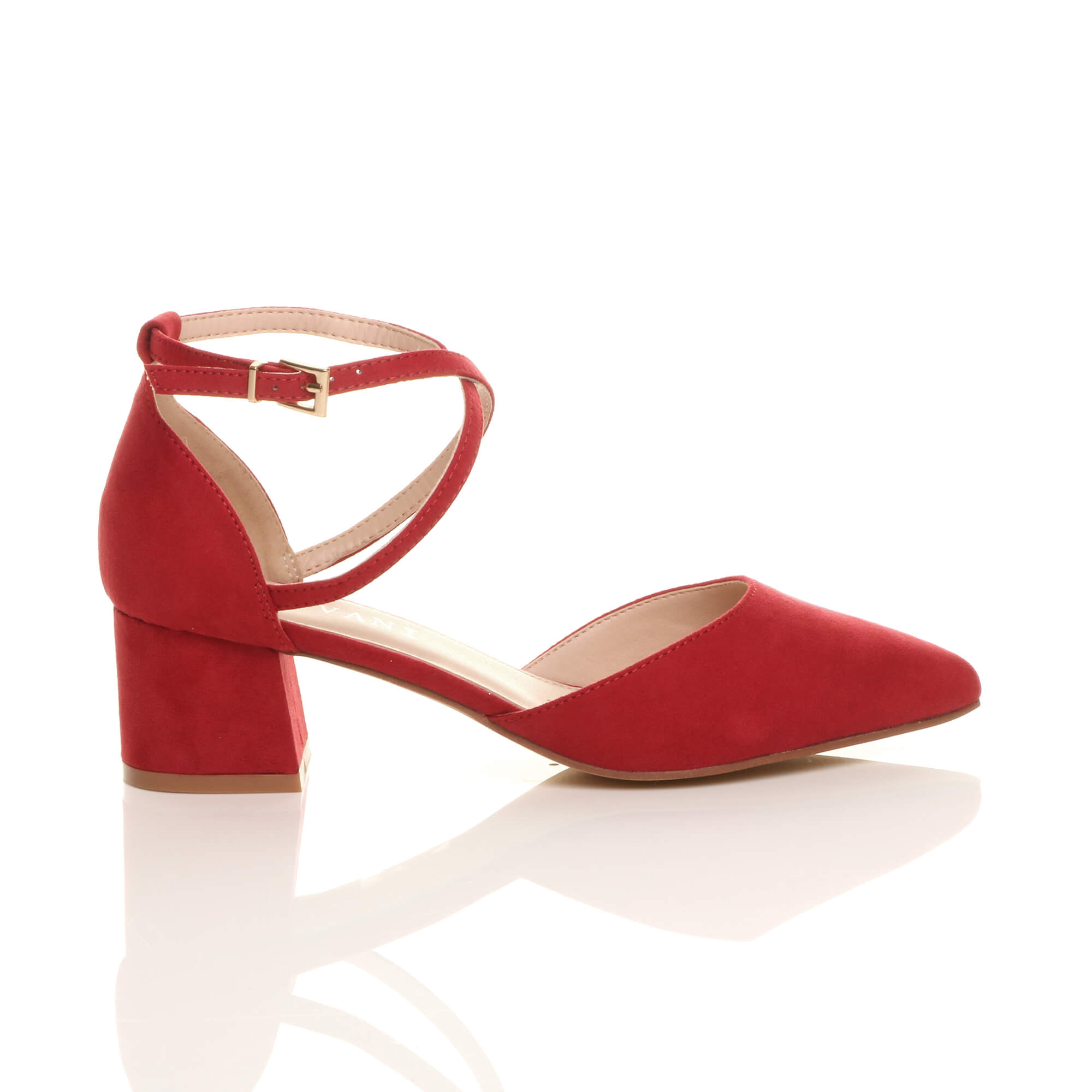 Red AJVANI Red Mid Block Heel Crossed Strap Pointed Toe 2 Part Heels, Image 2 of 6