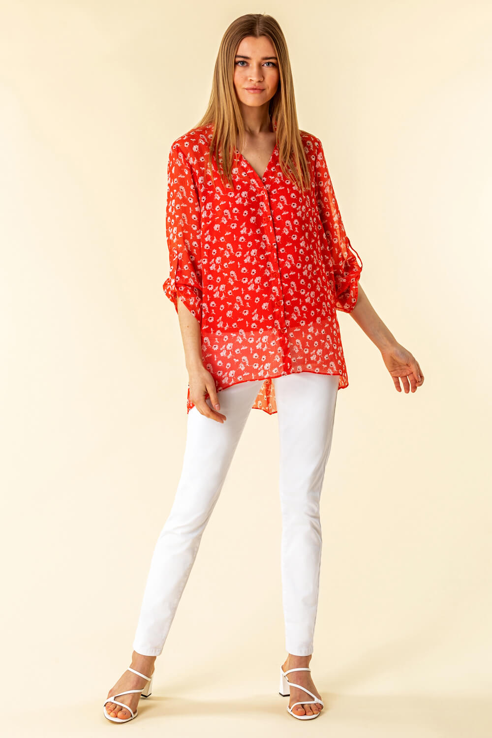 Red Frill Neck Floral Shirt and Cami Top, Image 3 of 4