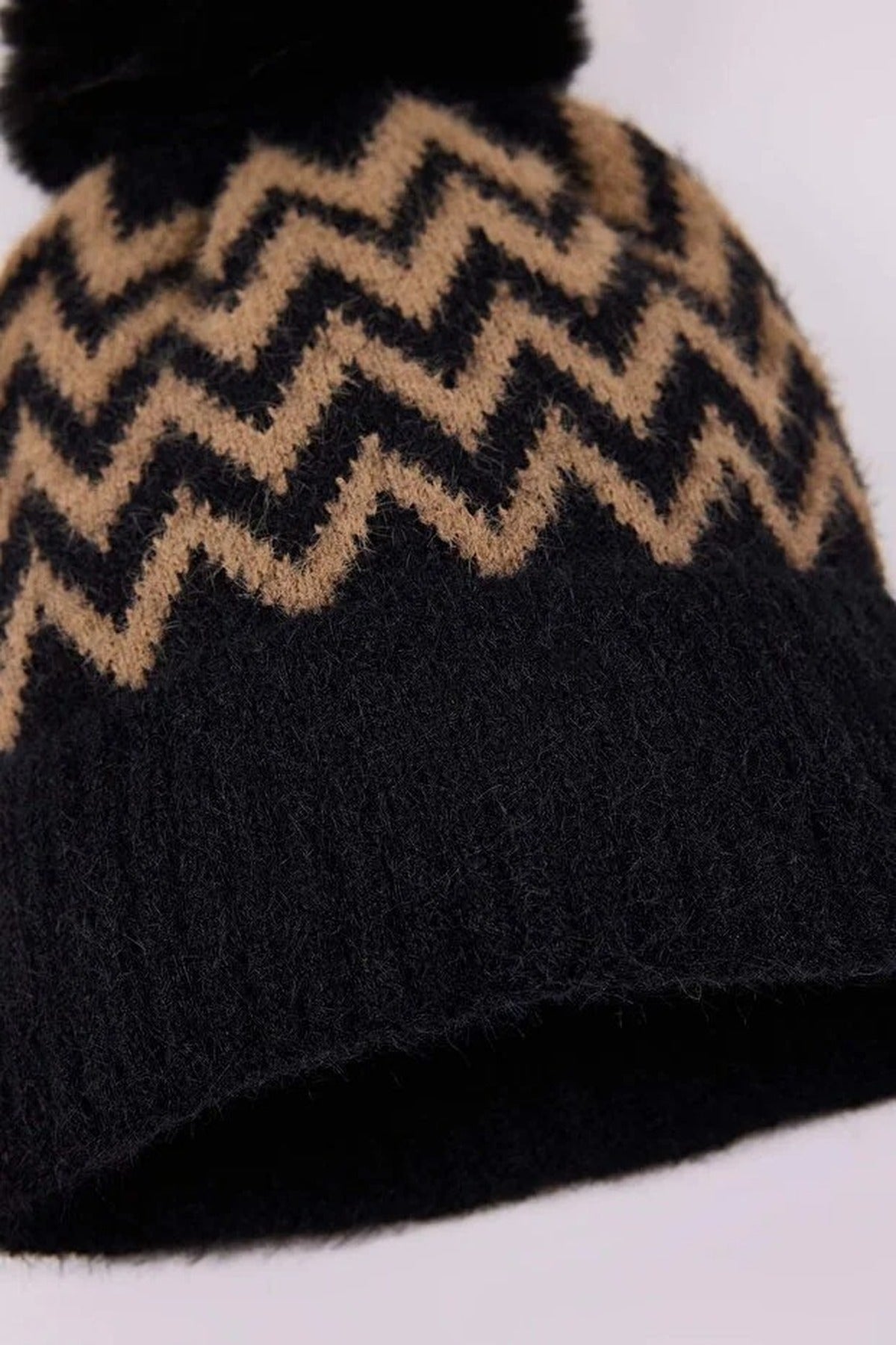 Black Zig Zag Knit Pom Pom Beanie Hat, Image 4 of 4