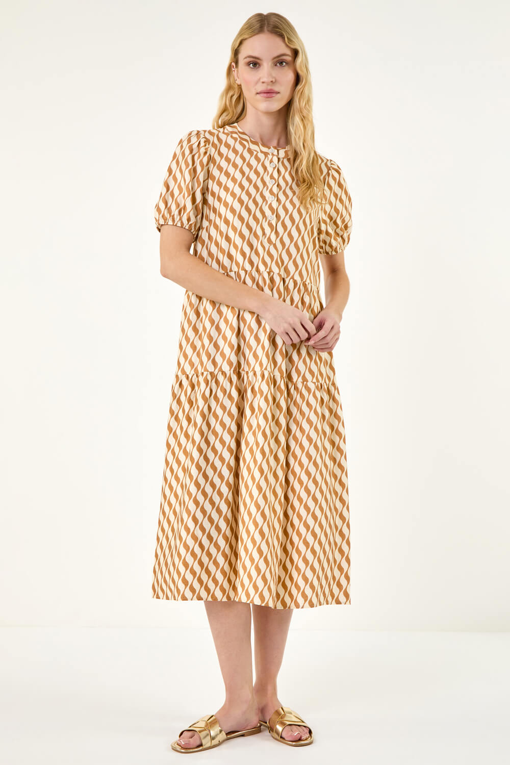 Camel Geo Print Button Shirt Midi Dress, Image 3 of 5