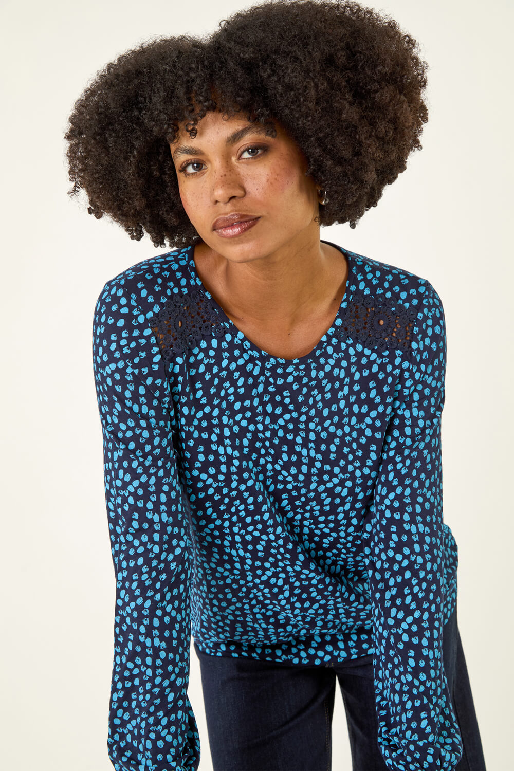 Blue Printed Lace Stretch Top, Image 1 of 5