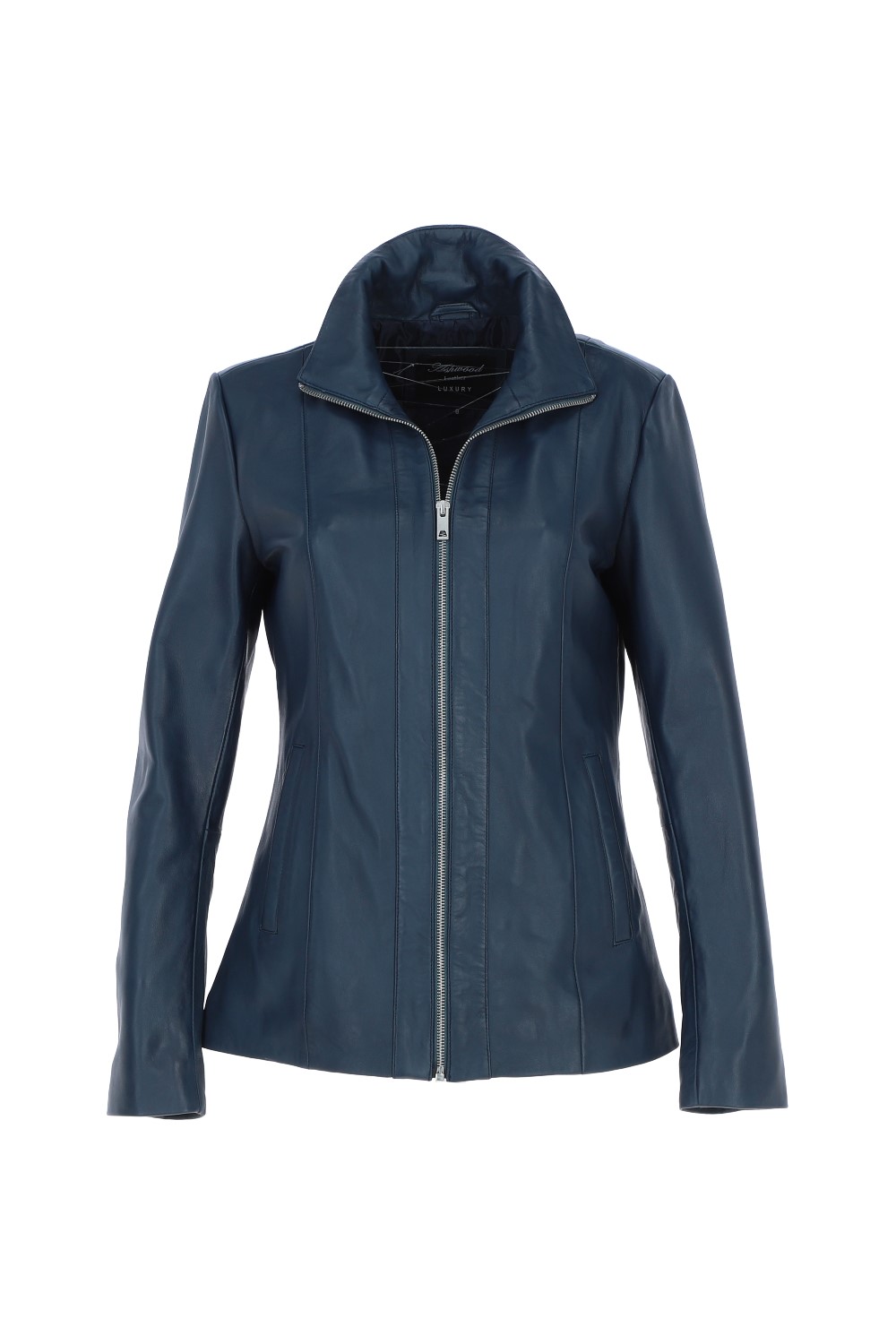 Navy Casual Leather Jacket with Classic Collar, Image 2 of 5