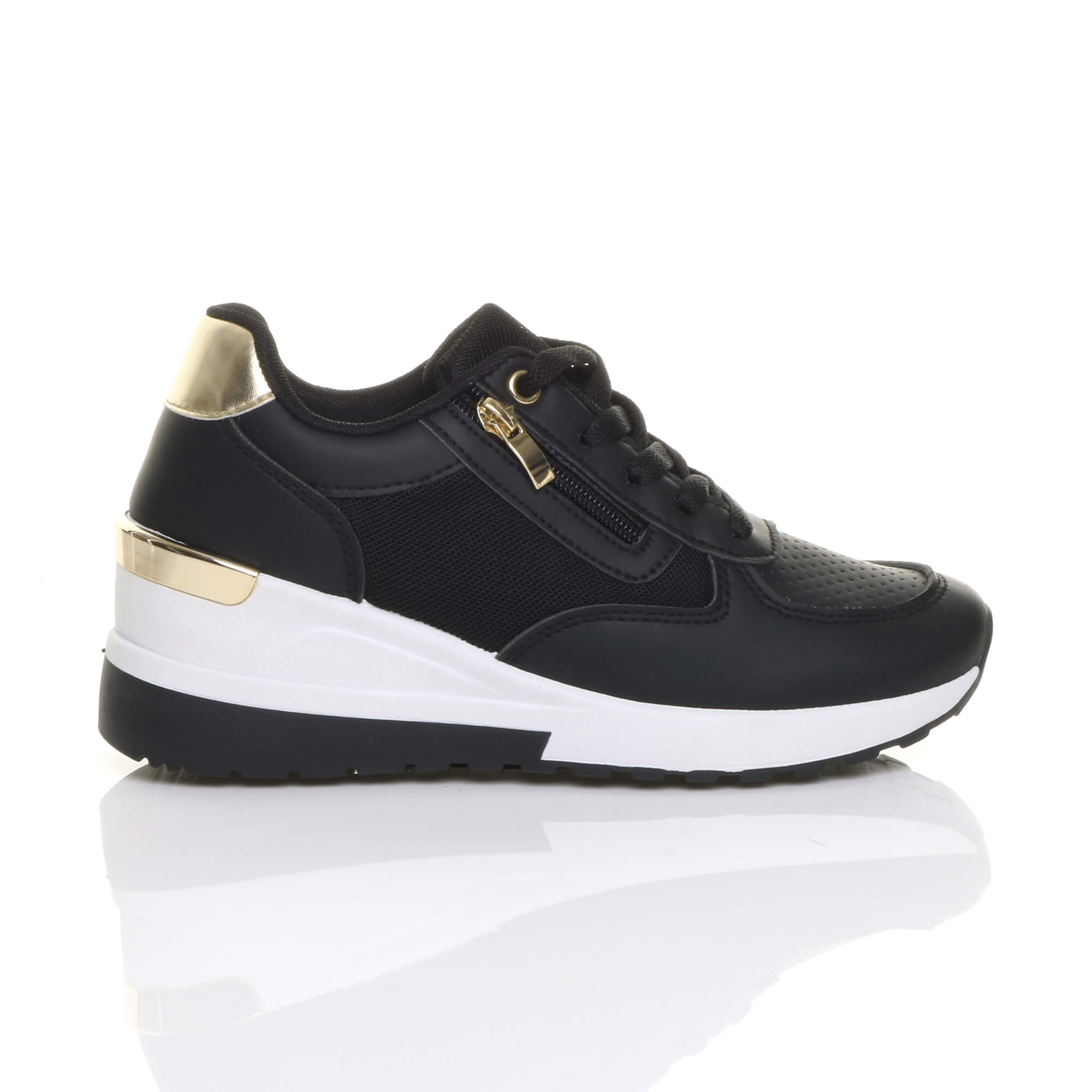 Black Mid Wedge Heel Lace Up Gold Zip Trainers, Image 2 of 5