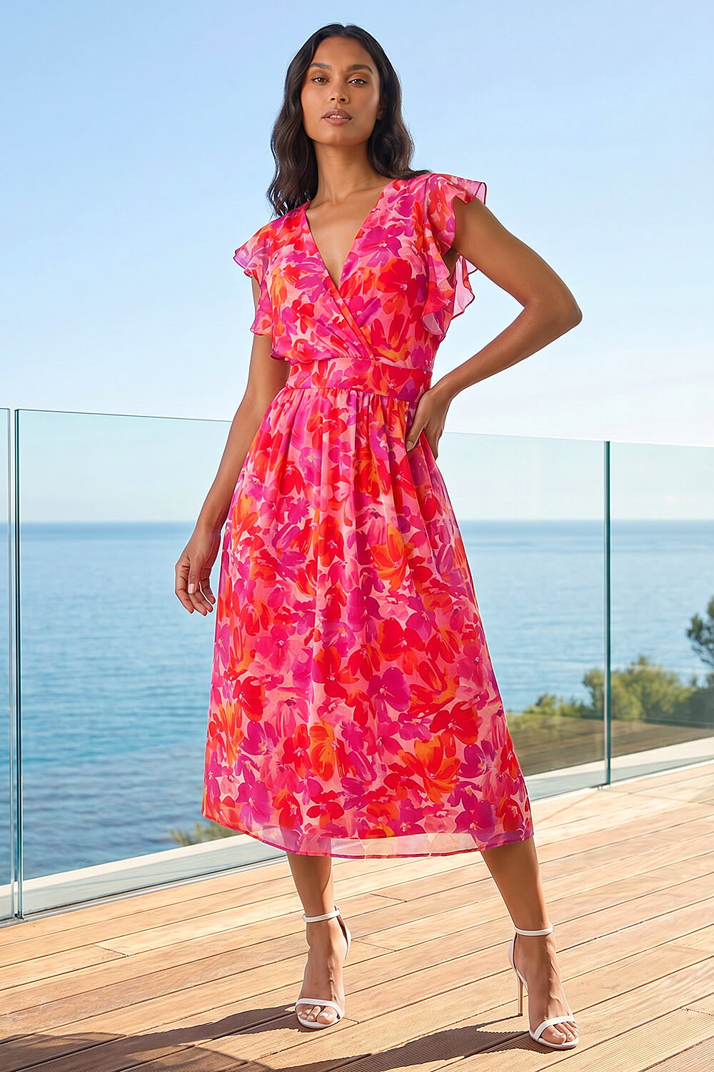 Roman Women's Orange Floral Bias Midi Dress Size 20