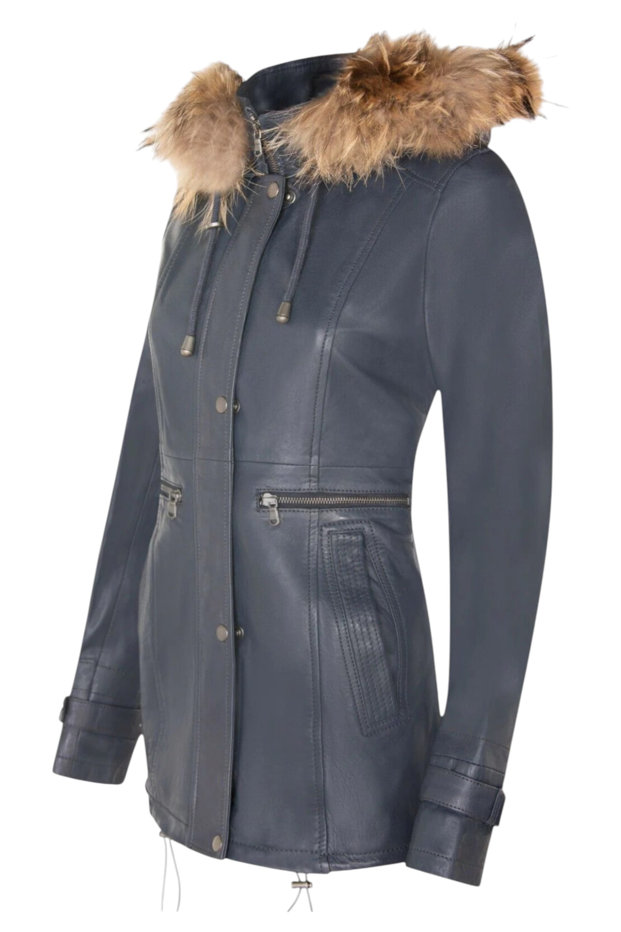 Blue Leather Hooded Parka Jacket-Charleville, Image 5 of 6