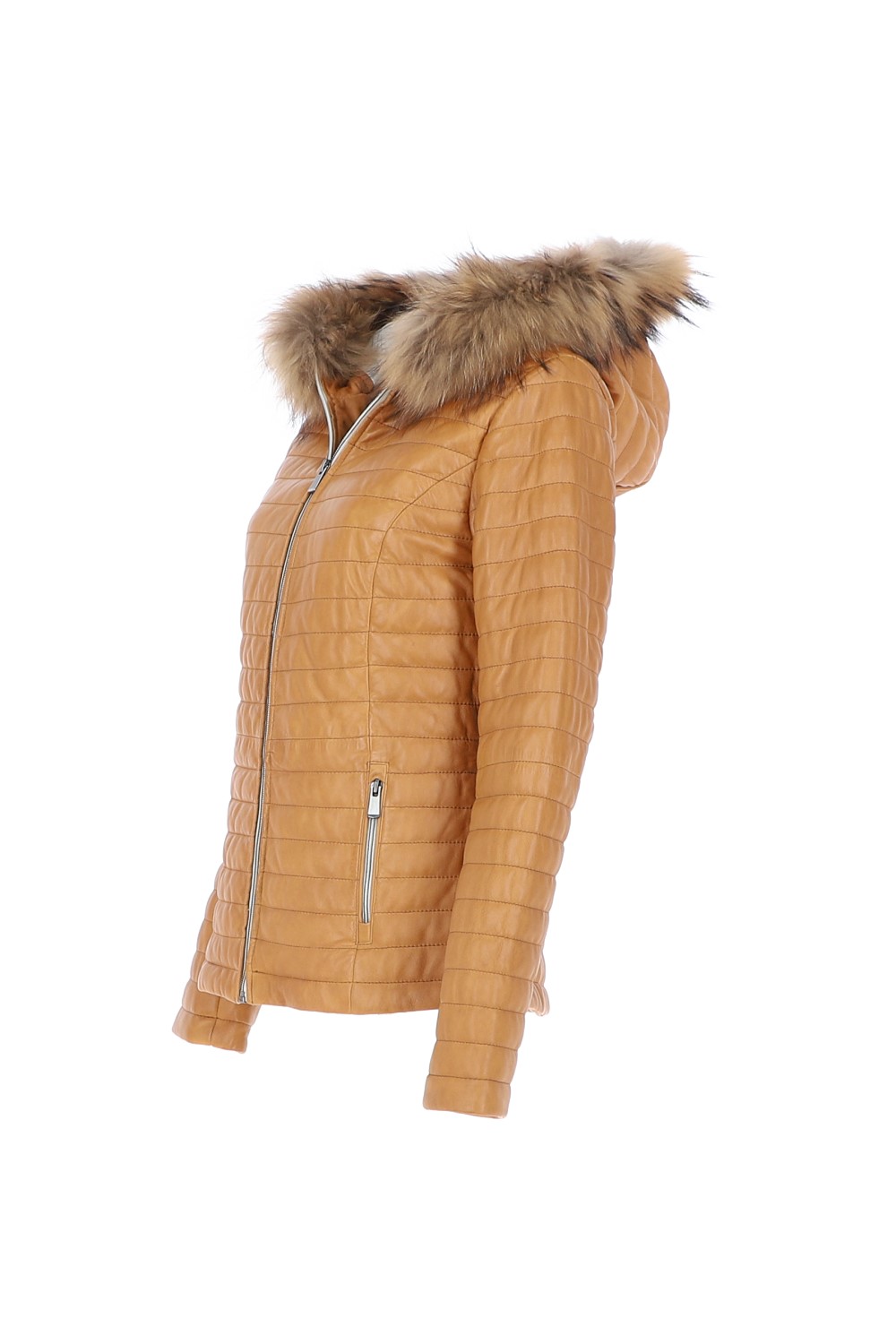 Tan 'Venezia' Fur Trim Hooded Real Leather Jacket, Image 2 of 4