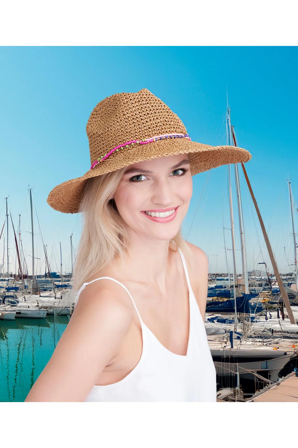 Beige Majorelle - Beaded Woven Straw Fedora, Image 1 of 1