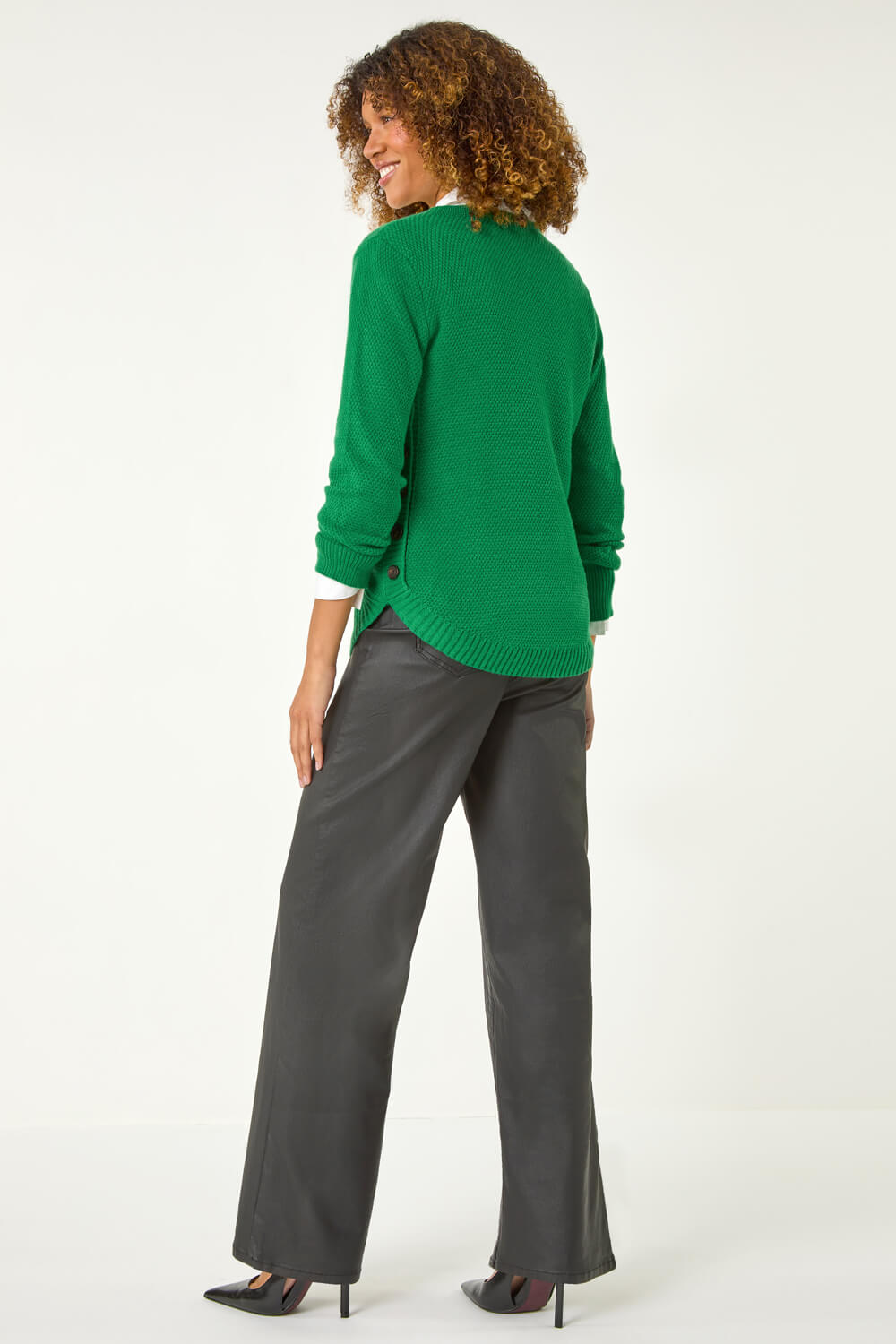 Green Textured Curved Hem Jumper, Image 4 of 5