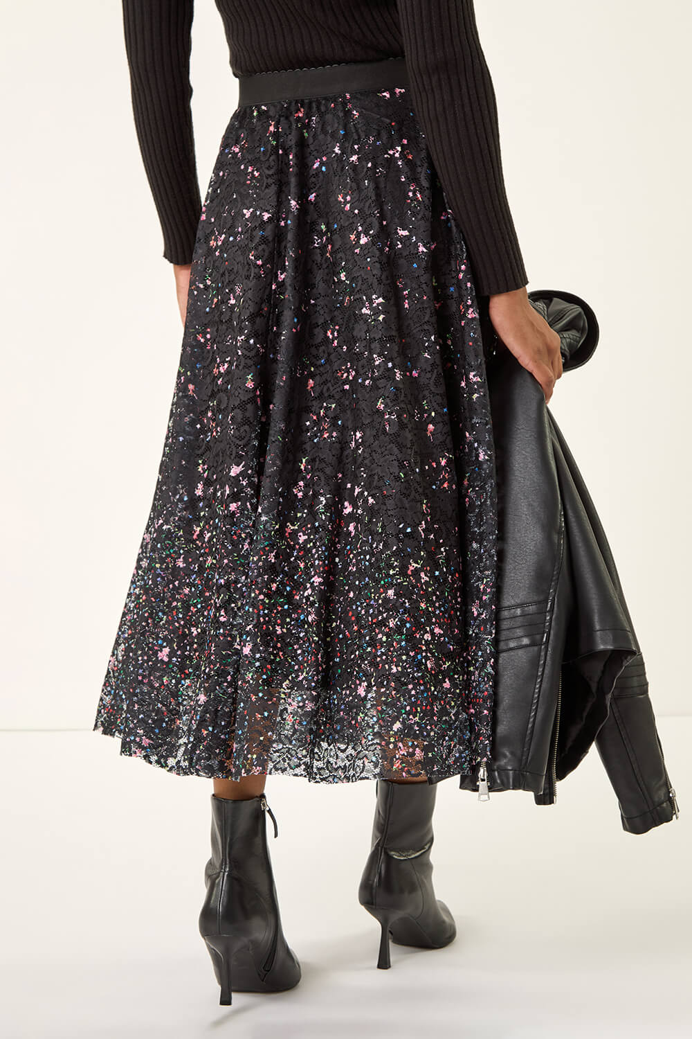 Black Printed Lace Overlay Skirt, Image 5 of 5
