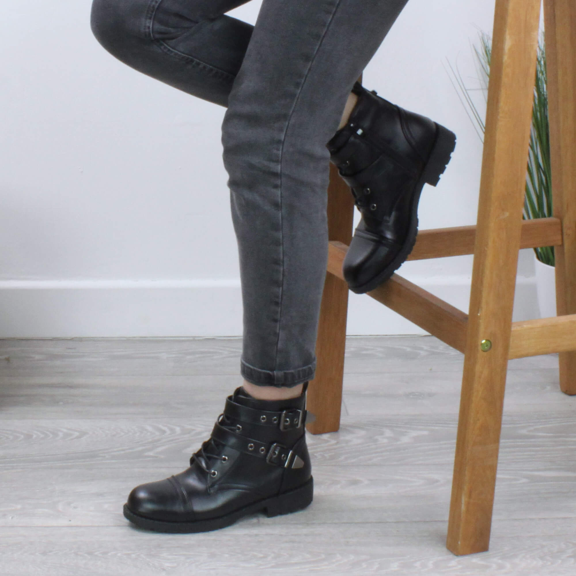 Black Low Heel Biker Ankle Boots, Image 5 of 6