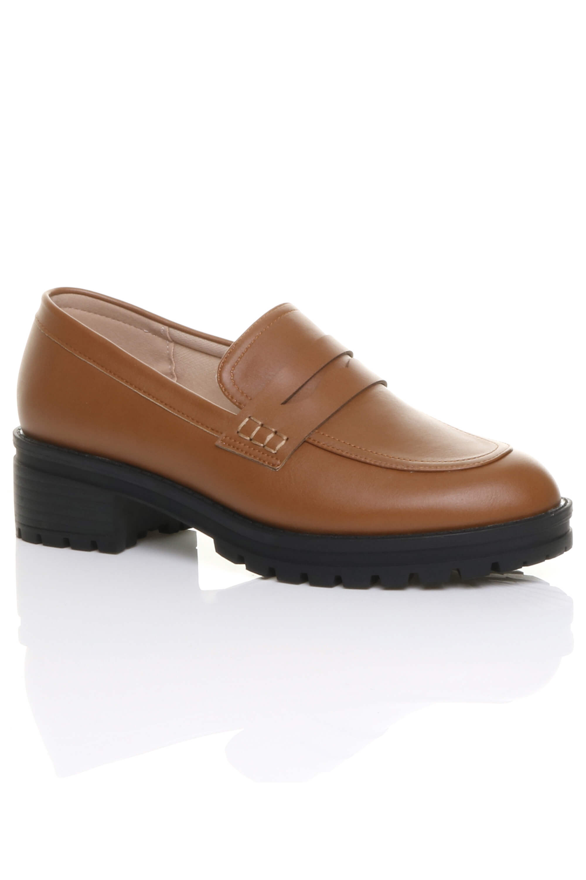 Tan AJVANI Tan Flat Chunky Heeled Penny Loafers, Image 1 of 5