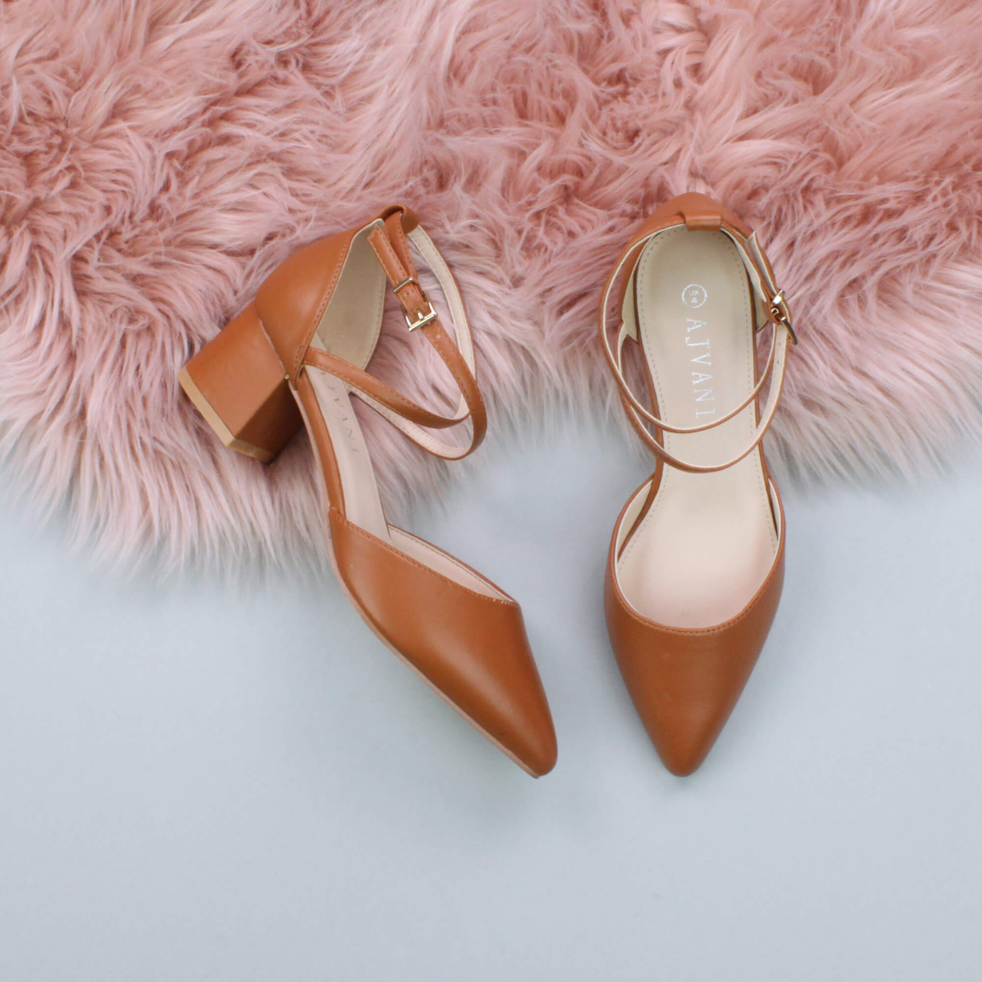 Tan AJVANI Tan Mid Block Heel Crossed Strap Pointed Toe 2 Part Heels, Image 4 of 6