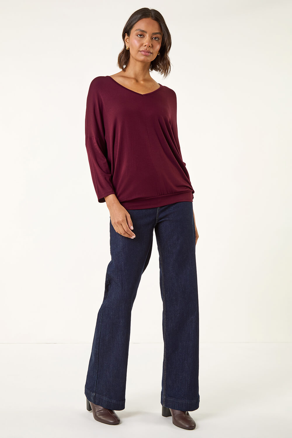 Burgundy V-Neck Jersey Stretch T-Shirt, Image 3 of 5