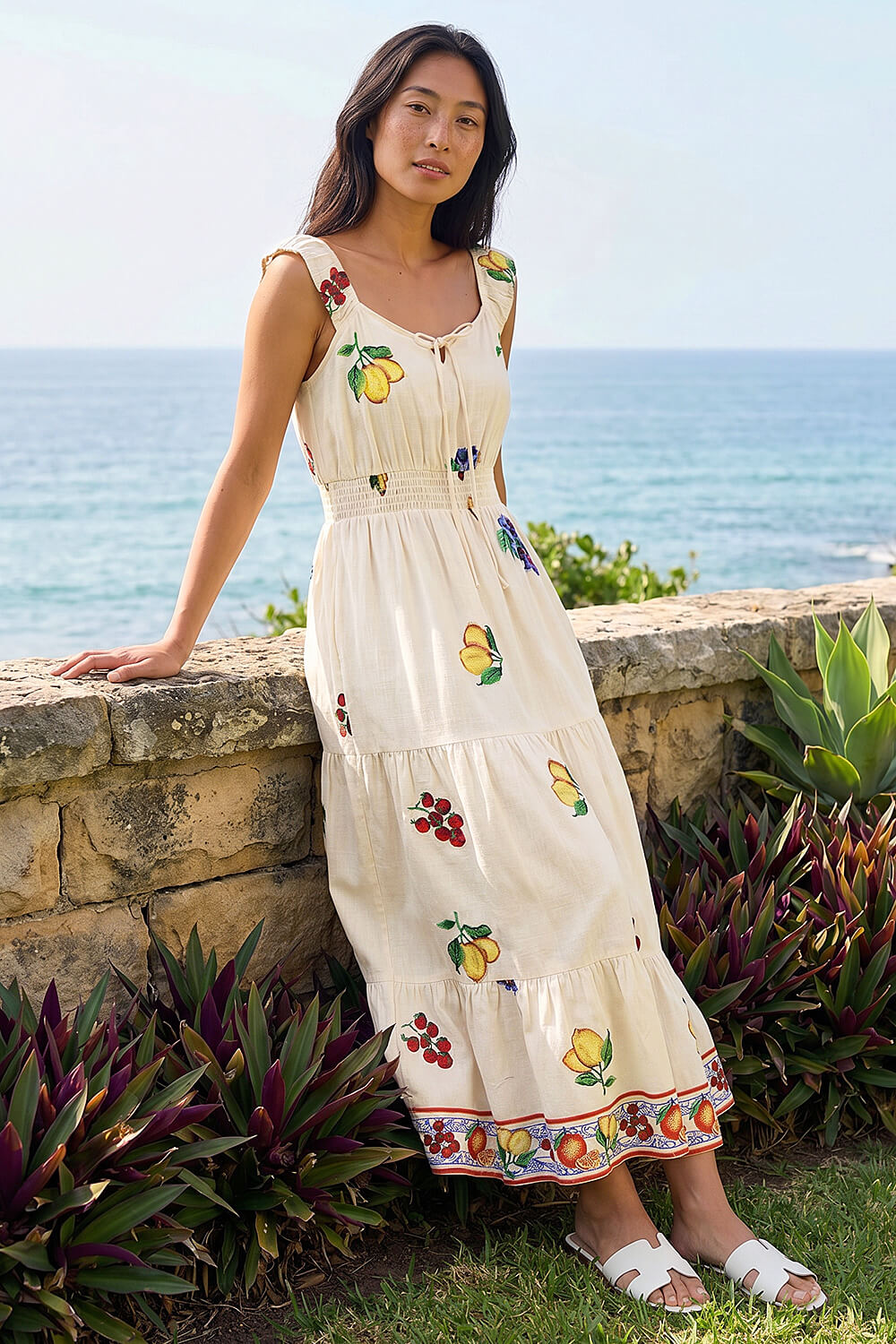 Natural Petite Fruit Print Strappy Midi Dress , Image 3 of 4