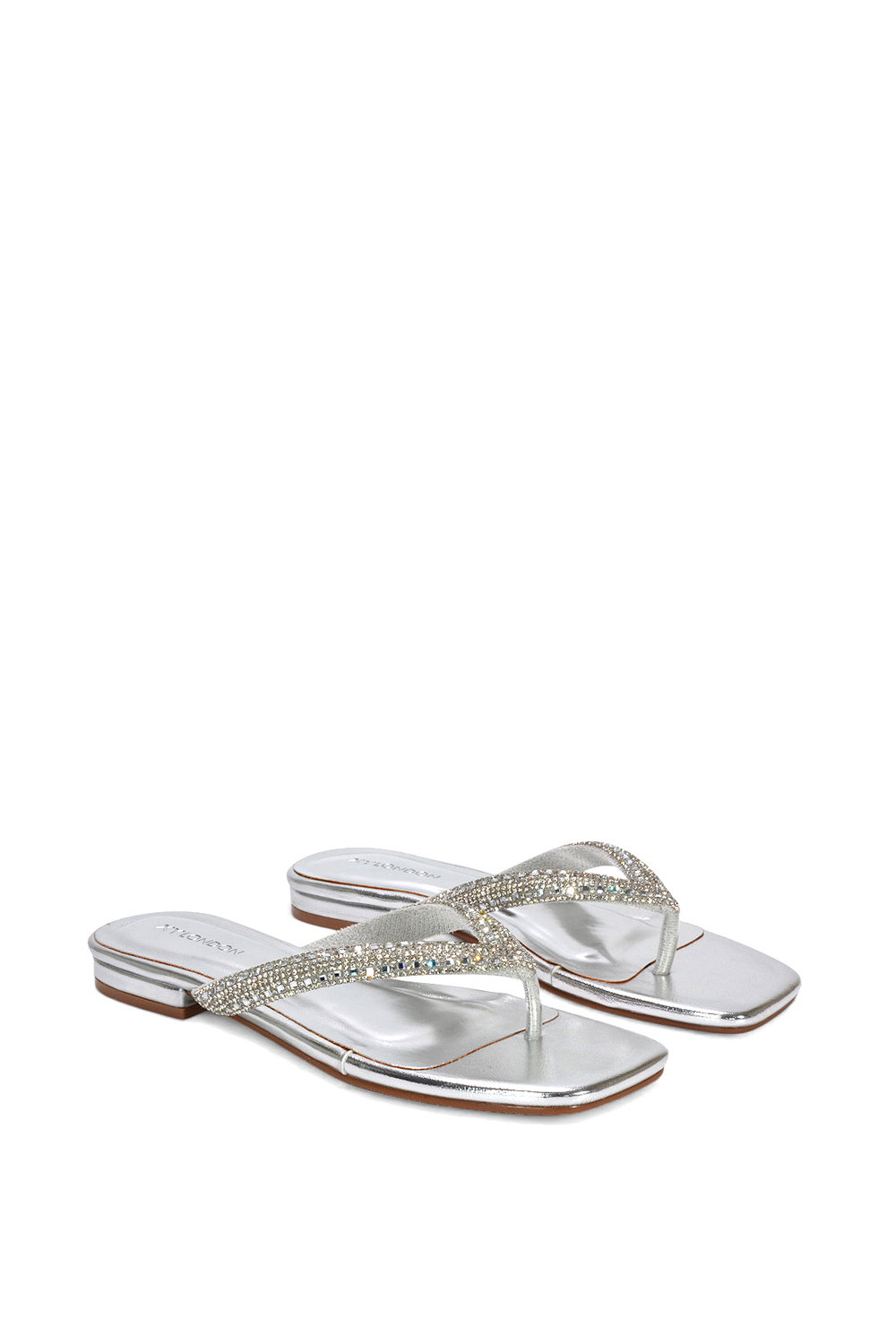 Silver XY LONDON Silver 'Blake' Flat Slip On Diamante Sandals With Thong Strap, Image 3 of 6