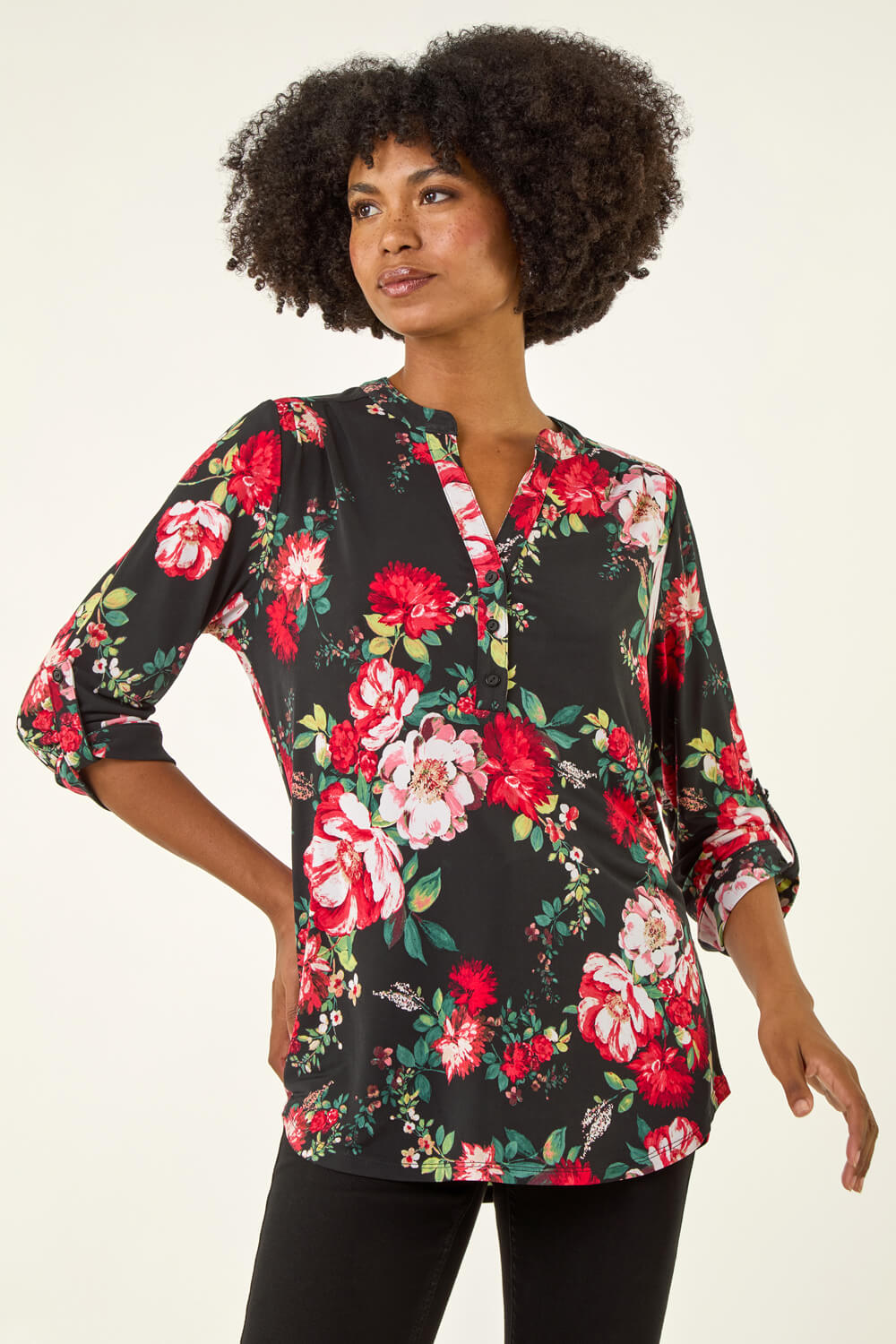 Roman Women's Red Floral Print Stretch Shirt Size 10