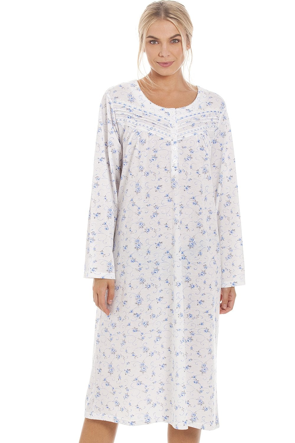 Blue Rose Print Long Sleeve Nightdress, Image 1 of 5