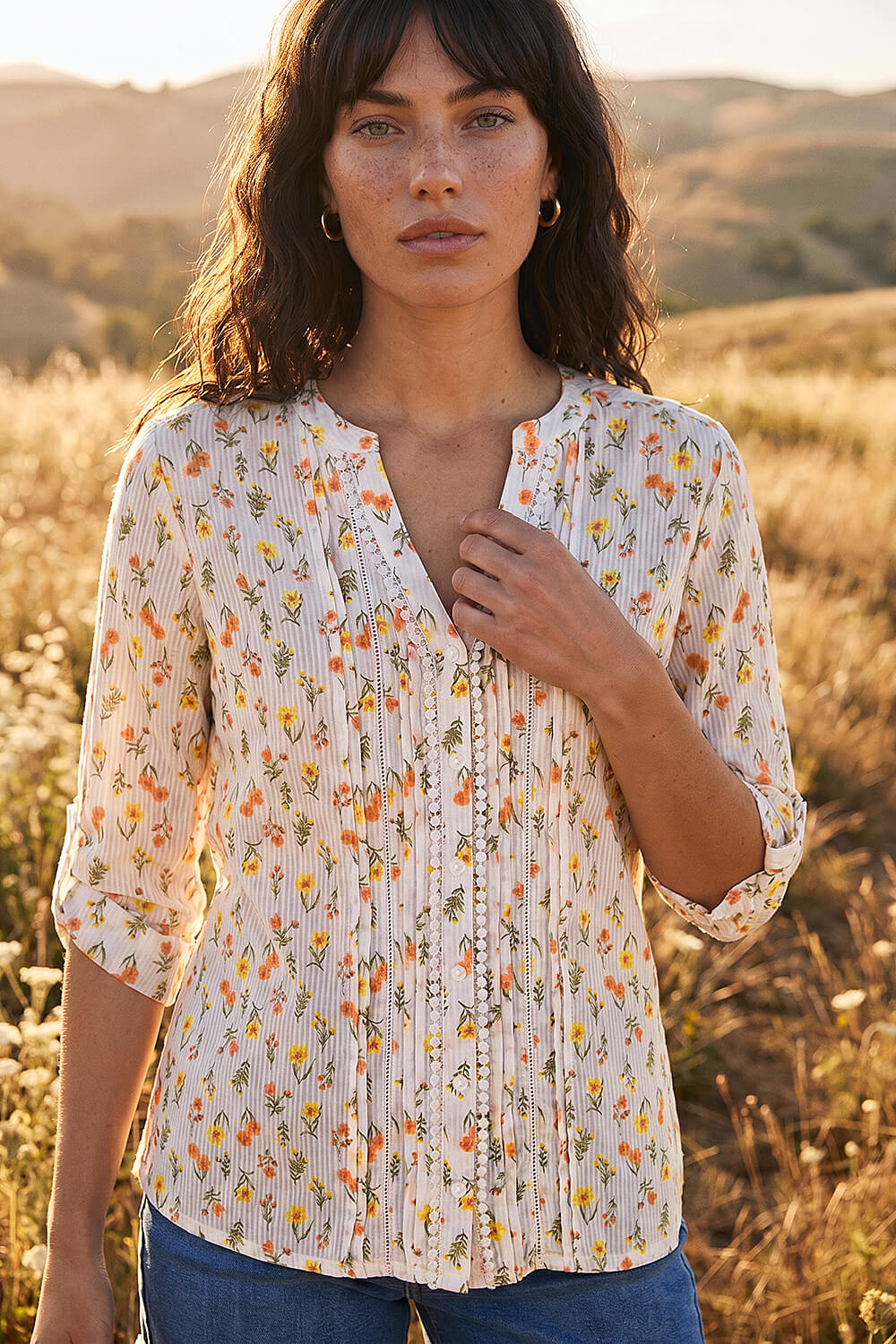 White Floral Print Trim Blouse , Image 1 of 4
