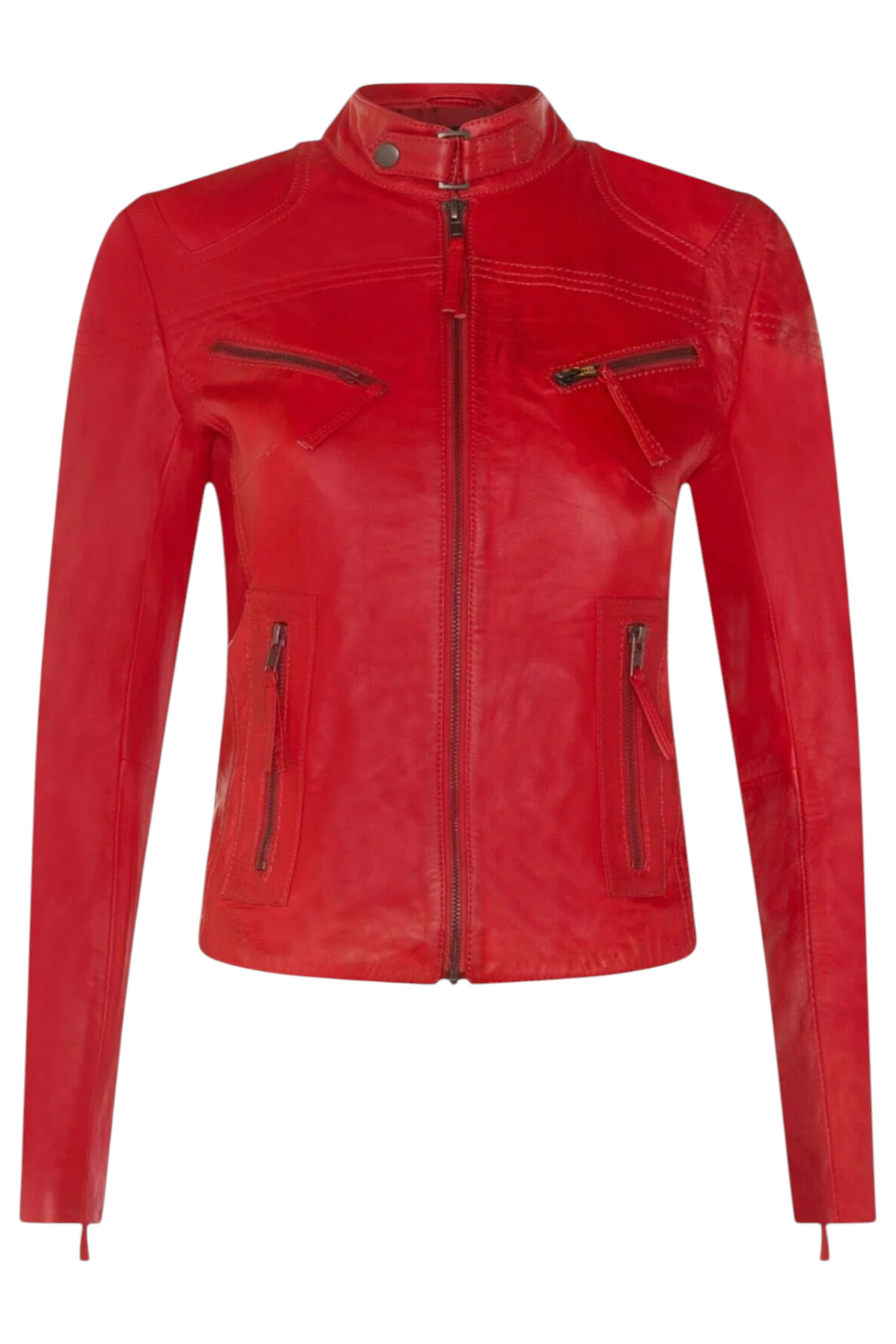 Red Slim-Fit Leather Biker Jacket-Tulsa, Image 2 of 7